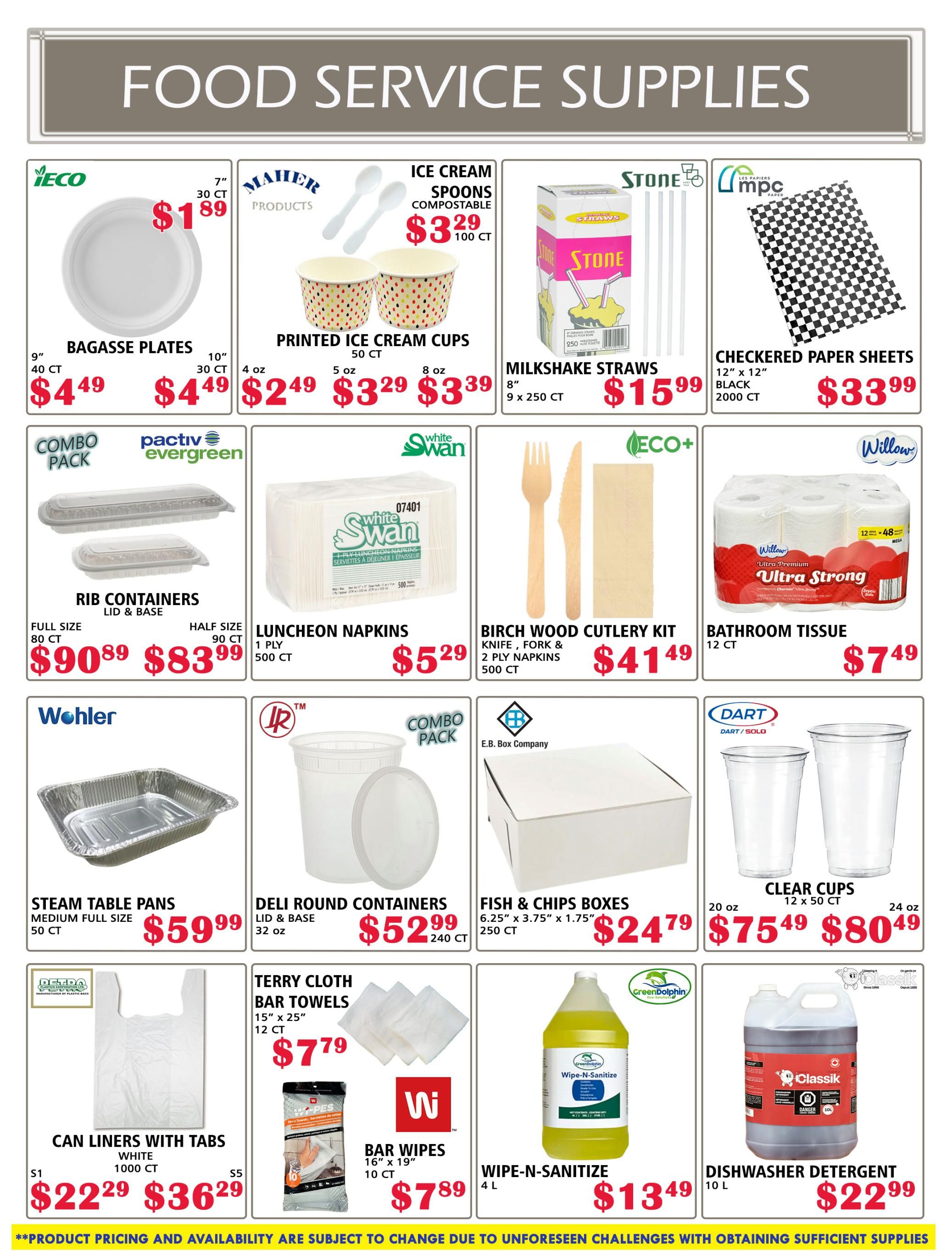 MVR Cash and Carry Food Service Supplies flyer, page 6. Featured items include Bagasse Plates in 9' (40 ct) and 10' (30 ct) sizes for $4.49 each. Also available are Maier Products Ice Cream Spoons (30 ct) for $1.89 and compostable Printed Ice Cream Cups (50 ct) for $2.49, 5 oz for $3.29, and 8 oz for $3.39. Stone Milkshake Straws (8', 9 x 250 ct) are $15.99. Checkered Paper Sheets (12' x 12', black, 2000 ct) are $33.99. Pactiv Evergreen Rib Containers (Lid & Base) in Full Size (80 ct) for $90.89 and Half Size (90 ct) for $83.99. White Swan 1 Ply Luncheon Napkins (500 ct) are $5.29. ECO+ Birch Wood Cutlery Kit (Knife, Fork & 2 Ply Napkins, 500 ct) is $41.49. Willow Ultra Premium Bathroom Tissue (12 ct) is $7.49. Wohler Steam Table Pans (Medium Full Size, 50 ct) are $59.99. IR Deli Round Containers (Lid & Base, 32 oz) are $52.99 for 240 ct. E.B. Box Company Fish & Chips Boxes (6.25' x 3.75' x 1.75', 250 ct) are $24.79. Dart Clear Cups (12 x 50 ct) are $75.49 for 20 oz and $80.49 for 24 oz. USDA Can Liners with Tabs (White, 1000 ct) are $22.29 for S1 and $36.29 for S5. Terry Cloth Bar Towels (15' x 25', 12 ct) are $7.79. Wi Bar Wipes (16' x 19', 10 ct) are $7.89. Green Dolphin Wipe-N-Sanitize (4 L) is $13.49. Classik Dishwasher Detergent (10 L) is $22.99.