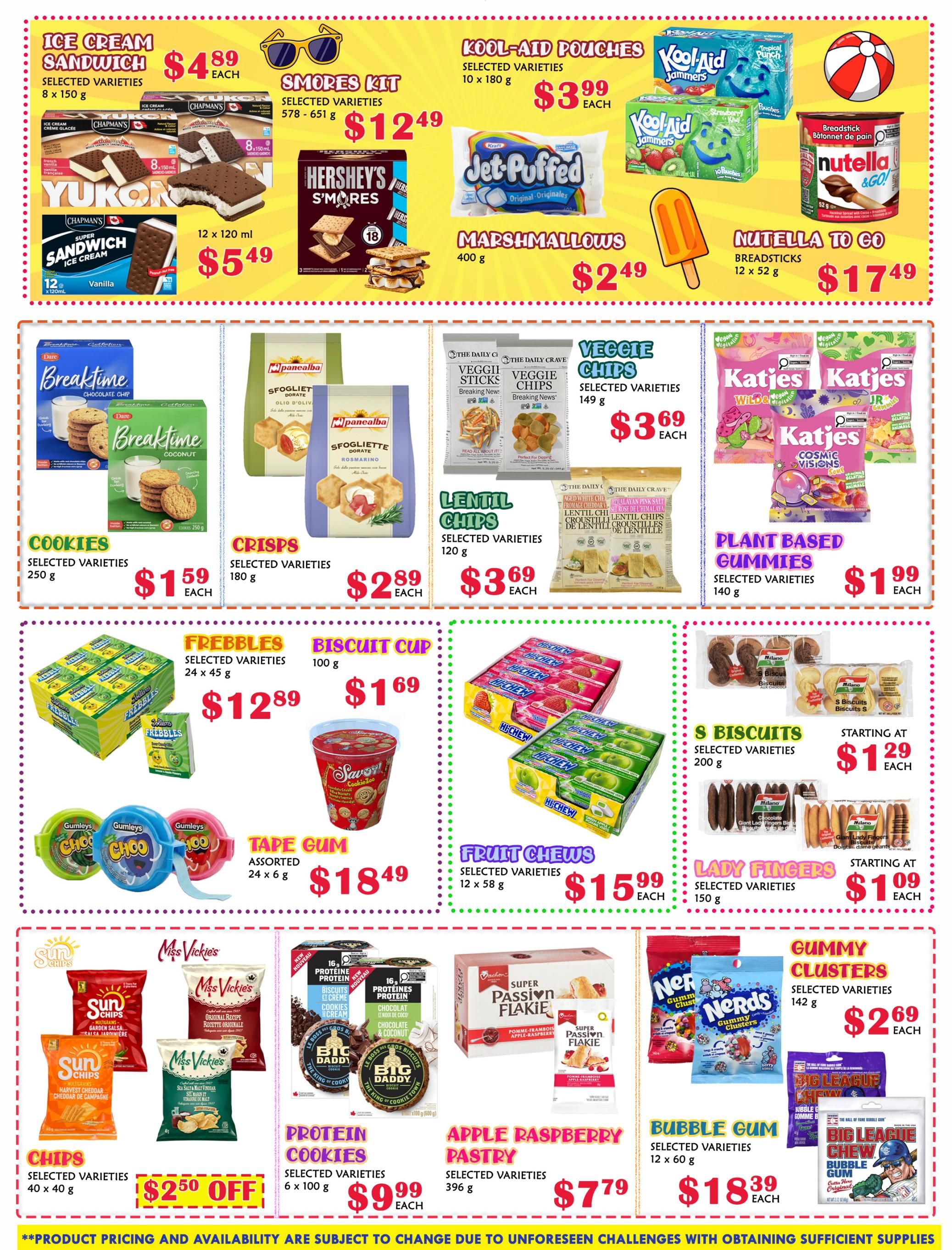 MVR Cash and Carry flyer specials page 8 features a variety of snacks and treats. Top row includes Ice Cream Sandwiches for $4.89, S'mores Kits for $12.49, Kool-Aid Pouches for $3.99, Jet-Puffed Marshmallows for $2.49, and Nutella To Go breadsticks for $17.49. The second row offers Breaktime Cookies for $1.59, Panealba Crisps for $2.89, The Daily Crave Veggie Chips for $3.69, The Daily Crave Lentil Chips for $3.69, Katjes Plant Based Gummies for $1.99. The third row showcases Frebbles for $12.89, Biscuit Cups for $1.69, Hi-Chew Fruit Chews for $15.99, and Milano S Biscuits starting at $1.29. The bottom row features Gumleys Tape Gum for $18.49, Sun Chips and Miss Vickie's Chips, Big Daddy Protein Cookies for $9.99 with $2.50 off, Apple Raspberry Pastry for $7.79, and Bubble Gum for $18.39. A disclaimer about product availability is at the bottom.