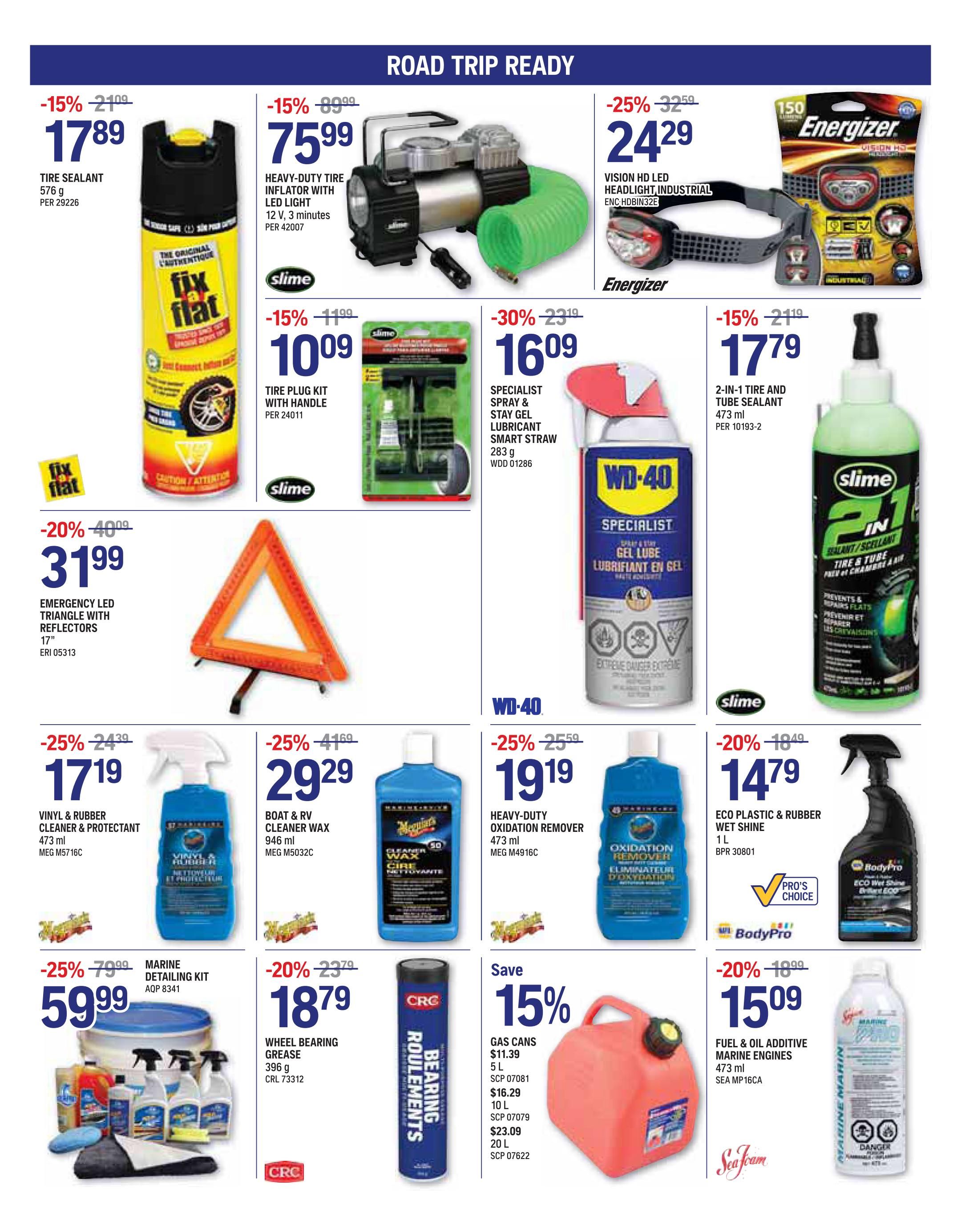 NAPA Auto Parts flyer page 2, featuring 'Road Trip Ready' specials. Offers include Fix-a-Flat tire sealant for $17.89 (15% off), a Slime heavy-duty tire inflator with LED light for $75.99 (15% off), and Energizer Vision HD LED industrial headlamp for $24.29 (25% off). Also available are Slime tire plug kits for $10.09 (15% off), WD-40 Specialist spray and stay gel lubricant for $16.09 (30% off), and Slime 2-in-1 tire and tube sealant for $17.79 (15% off). Additional deals feature an emergency LED triangle with reflectors for $31.99 (20% off), Meguiar's Boat & RV cleaner wax for $29.29 (25% off), Marine oxidation remover for $19.19 (25% off), BodyPro Eco plastic & rubber wet shine for $14.79, a marine detailing kit for $59.99 (25% off), CRC wheel bearing grease for $18.79 (20% off), and gas cans starting at $11.39 with a 15% saving. Sea Foam fuel & oil additive for marine engines is $15.09 (20% off).