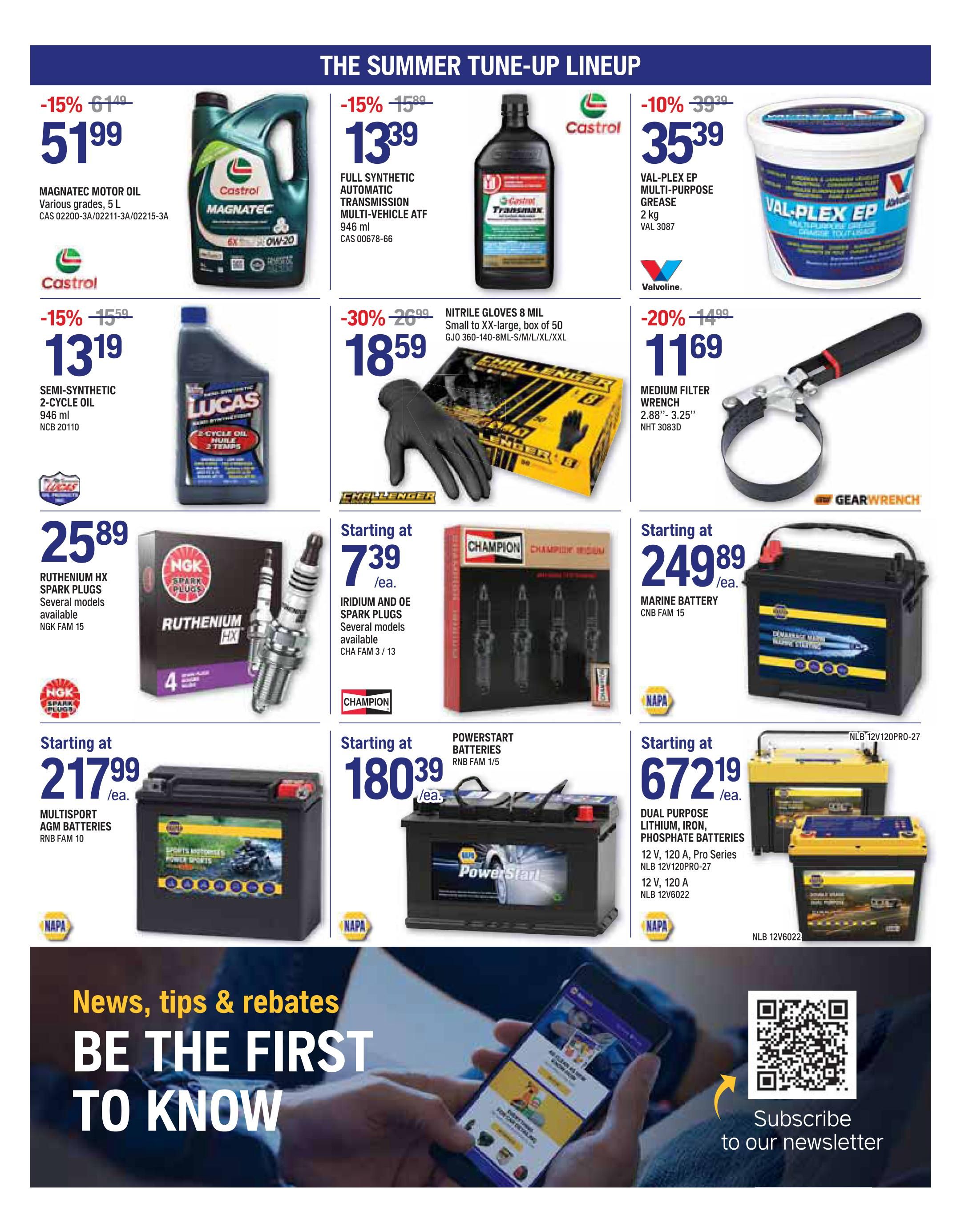 NAPA Auto Parts flyer page 3, featuring 'The Summer Tune-Up Lineup'. Offers include Castrol Magnatec Motor Oil for $51.99 (15% off), Full Synthetic Automatic Transmission Multi-Vehicle ATF for $13.39 (15% off), Val-Plex EP Multi-Purpose Grease for $35.39 (10% off), and Lucas Semi-Synthetic 2-Cycle Oil for $13.19 (15% off). Also available are Nitrile Gloves 8 mil (box of 50) for $18.59 (30% off), NGK Ruthenium HX Spark Plugs starting at $25.89, Champion Iridium and OE Spark Plugs starting at $7.39 each, Marine Batteries starting at $249.89, Powerstart Batteries starting at $180.39, and Dual Purpose Lithium, Iron, Phosphate Batteries starting at $672.19. The page also promotes subscribing to their newsletter for news, tips, and rebates.