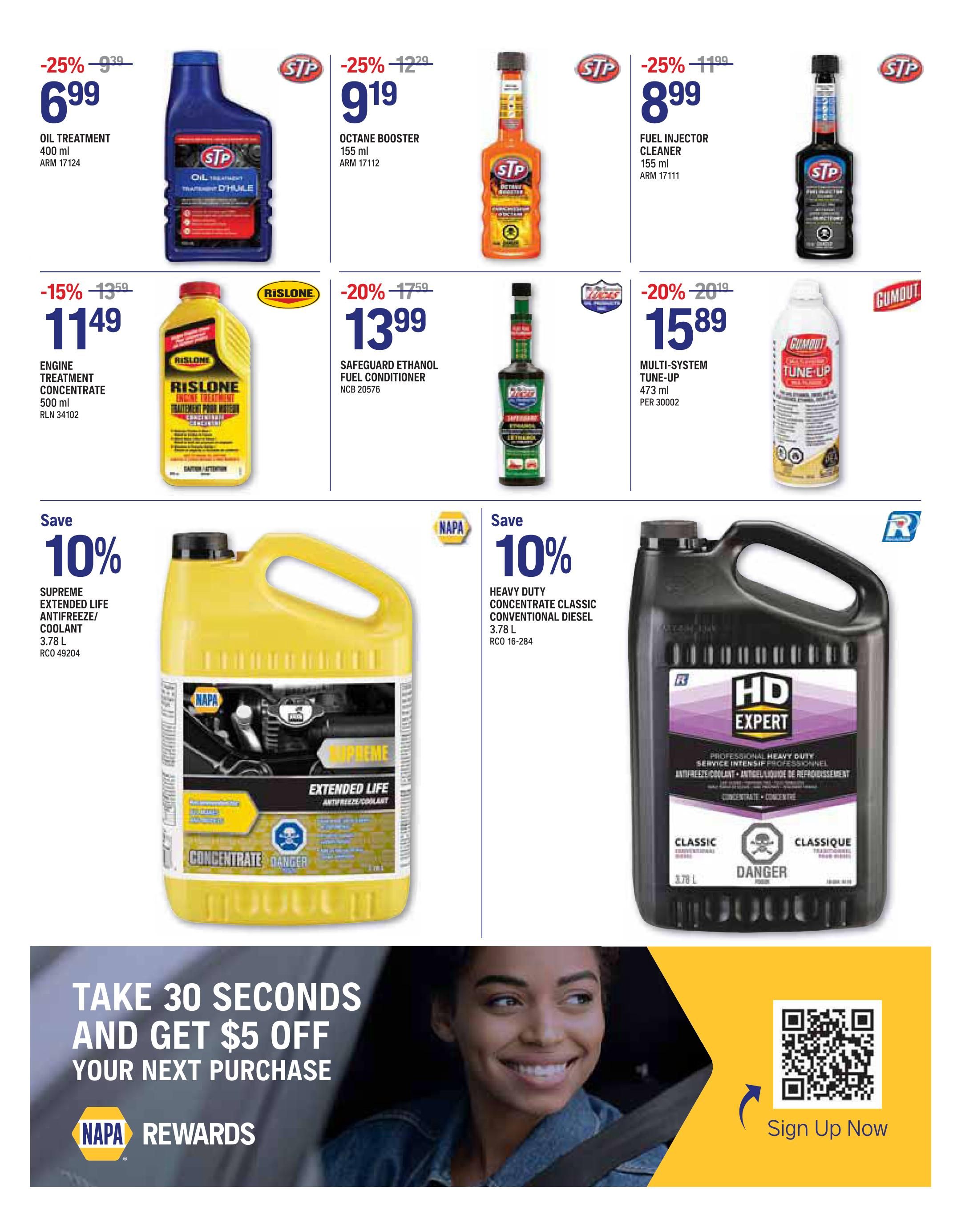 NAPA Auto Parts flyer specials page 4. Featured products include STP Oil Treatment 400 ml for $6.99 (25% off), STP Octane Booster 155 ml for $9.19 (25% off), STP Fuel Injector Cleaner 155 ml for $8.99 (25% off), Rislone Engine Treatment Concentrate 500 ml for $11.49 (15% off), Safeguard Ethanol Fuel Conditioner NCB 20576 for $13.99 (20% off), and Gumout Multi-System Tune-Up 473 ml for $15.89 (20% off). Also on sale is NAPA Supreme Extended Life Antifreeze/Coolant 3.78 L for 10% off, and HD Expert Professional Heavy Duty Concentrate Classic Conventional Diesel Antifreeze/Coolant 3.78 L for 10% off. The bottom banner advertises a NAPA Rewards offer: Take 30 seconds and get $5 off your next purchase. Sign up now via QR code.