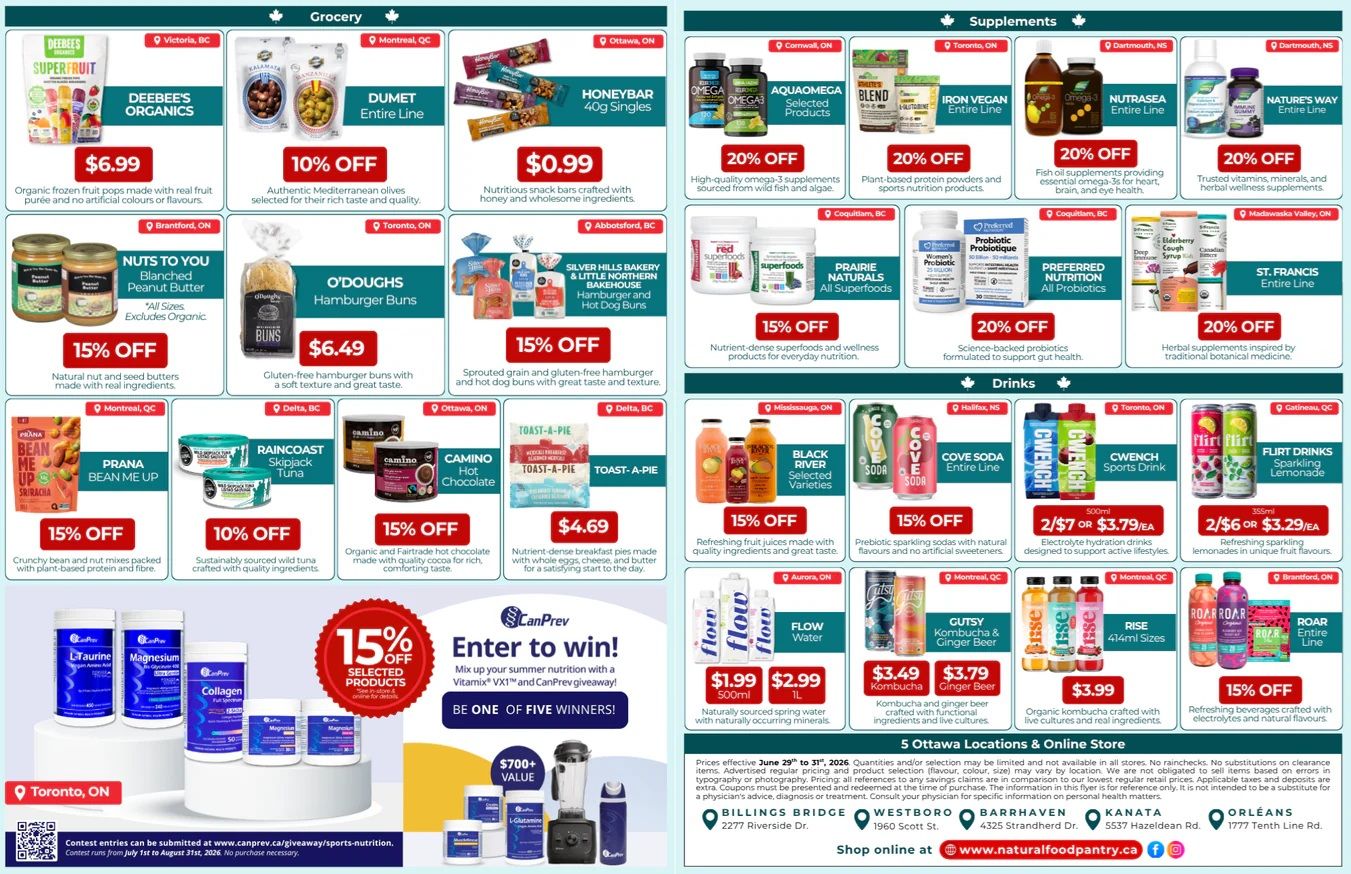 Natural Food Pantry flyer specials page 2, featuring grocery, supplements, and drinks. Grocery deals include Deebee's Organics frozen fruit pops for $6.99, Dumet entire line of Mediterranean olives at 10% off, and Honeybar 40g singles for $0.99. Also featured are O'Doughs hamburger buns for $6.49, and Toast-A-Pie nutrient-dense breakfast pies for $4.69. Supplements on sale include Aquamega selected products, Blend, Iron Vegan, Nutrasea, and Nature's Way entire lines at 20% off. Prairie Naturals all superfoods and Preferred Nutrition all probiotics are 15% off and 20% off respectively. St. Francis entire line is 20% off. Drinks include Black River selected varieties, Cove Soda entire line, and Cwensch Sports Drink with special pricing of 2 for $7 or $3.79 each. Flow Water is $1.99 for 500ml and $2.99 for 1L. Gutsy Kombucha & Ginger Beer is $3.49. Rise 414ml sizes are $3.99. Roar entire line is 15% off. The page also advertises a CanPrev 'Enter to win!' contest for a Vitamix VXT and CanPrev giveaway. Prices are effective June 29th to July 31st, 2026.