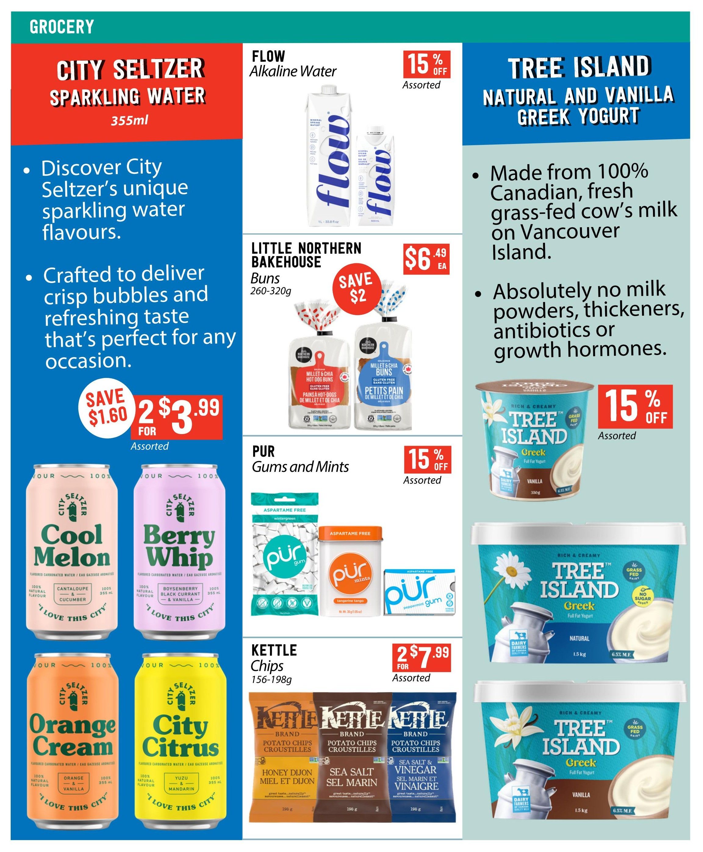 Pomme Natural Market grocery flyer page 4 featuring City Seltzer Sparkling Water in Cool Melon, Berry Whip, Orange Cream, and City Citrus flavours, on sale 2 for $3.99 with a save $1.60 offer. Also featured is Flow Alkaline Water with a 15% off assorted discount. Little Northern Bakehouse Buns (260-320g) are on sale for $6.49 each with a save $2 offer. Pur Gums and Mints are 15% off assorted. Kettle Chips (156-198g) are on sale 2 for $7.99 assorted, with flavours including Honey Dijon, Sea Salt, and Sea Salt & Vinegar. Tree Island Natural and Vanilla Greek Yogurt (1.5 kg) is 15% off assorted.