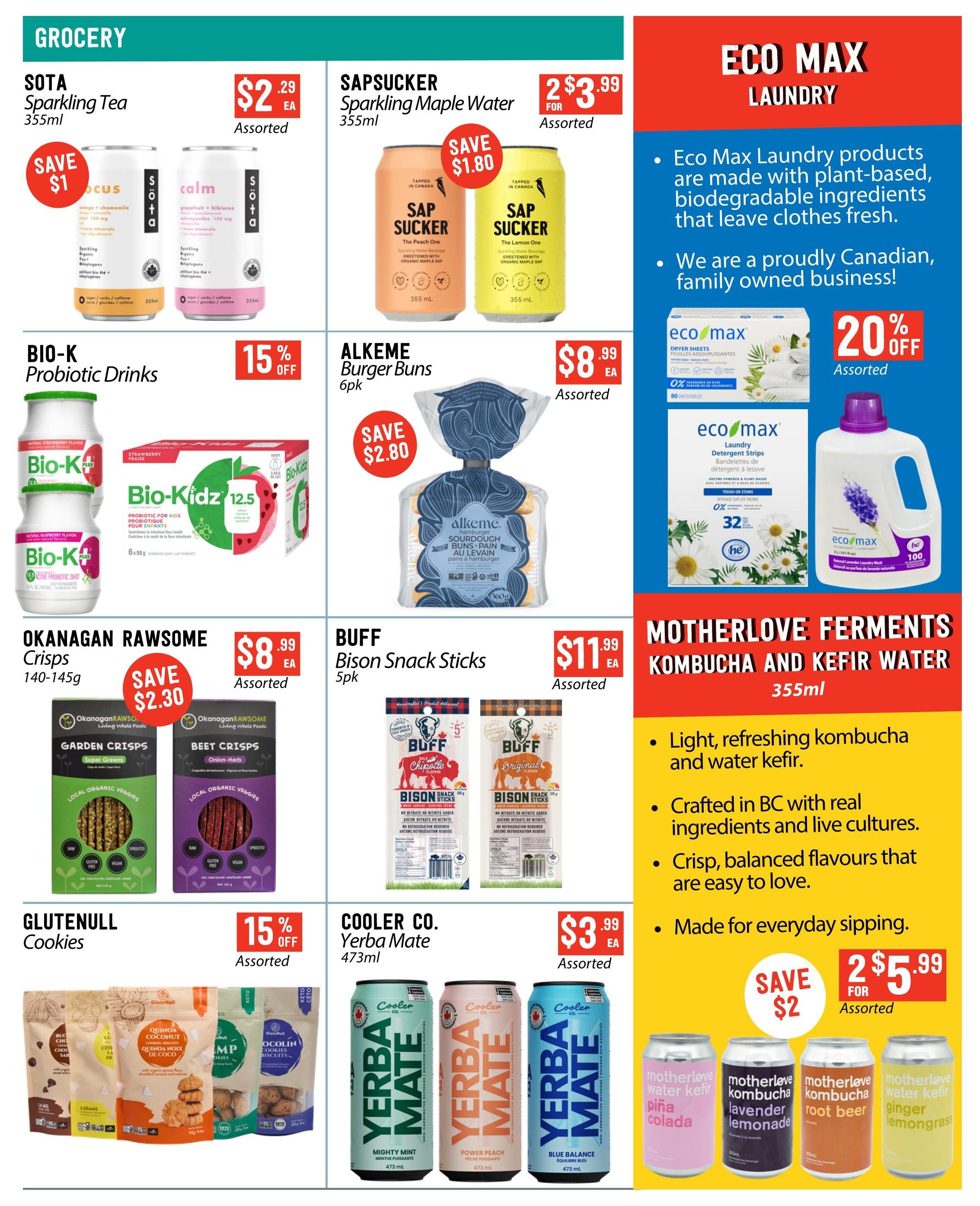 Page 5 of the Pomme Natural Market flyer features grocery and laundry specials. In the grocery section, SOTA Sparkling Tea (355ml) is on sale for $2.29 each with a $1 saving. SAPSUCKER Sparkling Maple Water (355ml) is 2 for $3.99, with a save $1.80 offer. BIO-K Probiotic Drinks are 15% off. ALKEME Burger Buns (6pk) are $8.99 each, with a save $2.80 offer. OKANAGAN RANSOME Crisps (140-145g) are $8.99 each, with a save $2.30 offer. BUFF Bison Snack Sticks (5pk) are $11.99 each. GLUTENULL Cookies are 15% off. COOLER CO. Yerba Mate (473ml) is 2 for $5.99, with a save $2 offer. The ECO MAX LAUNDRY section highlights plant-based, biodegradable ingredients. Eco Max Dryer Sheets are 20% off. Eco Max Laundry Detergent Strips and Eco Max Natural Lavender Laundry Wash are also featured. MOTHERLOVE FERMENTS Kombucha and Kefir Water (355ml) are available, with a special offer of 2 for $5.99, featuring flavours like Piña Colada, Lavender Lemonade, Root Beer, and Ginger Lemongrass.