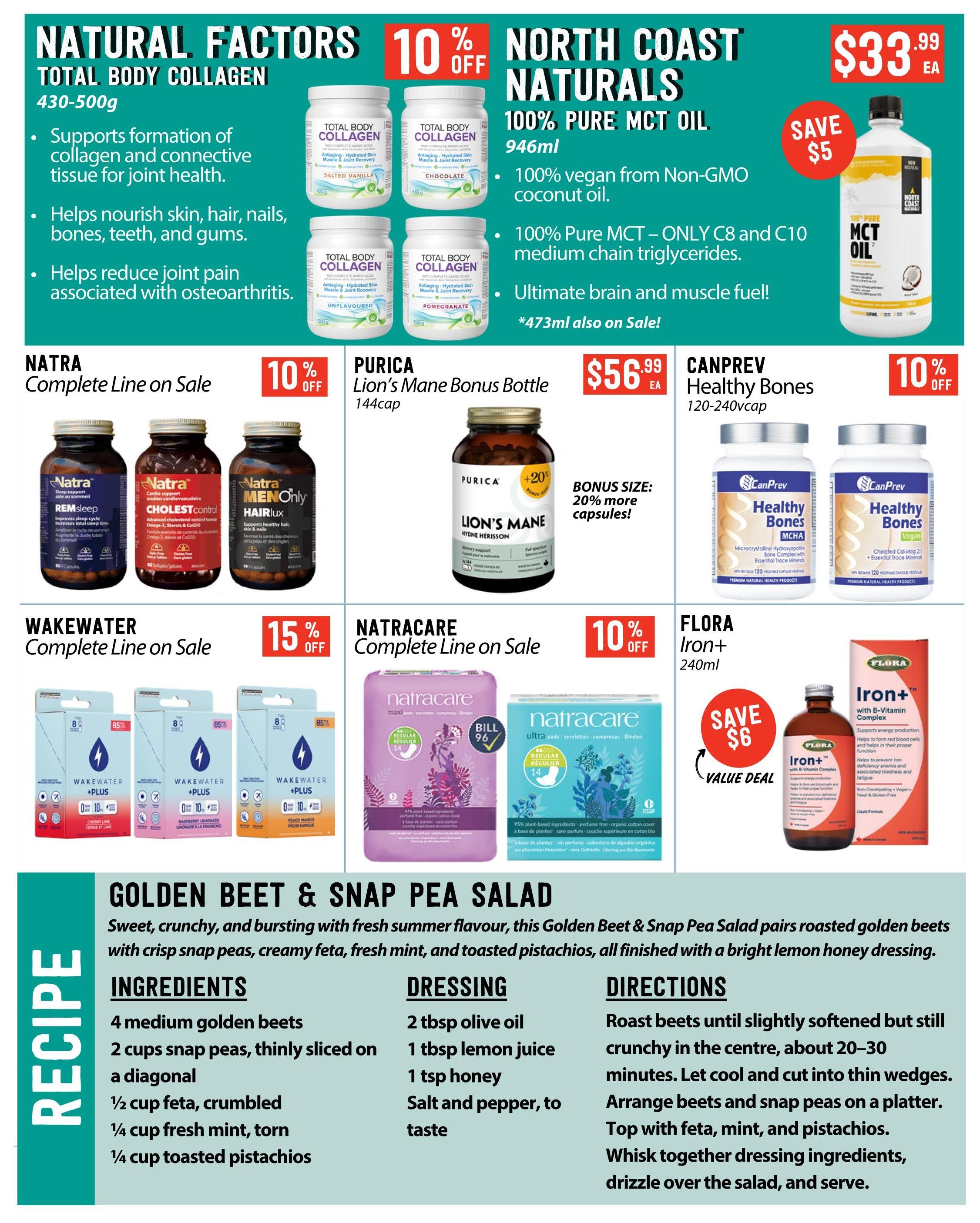 Pomme Natural Market flyer specials page 8 features Natural Factors Total Body Collagen 430-500g on sale for 10% off, supporting skin, hair, nails, bones, teeth, and gums. North Coast Naturals 100% Pure MCT Oil 946ml is $33.99 EA, save $5, and is 100% vegan. Natra Complete Line is on sale, including REMsleep, CHOLEST control, and HAIRlux. Purica Lion's Mane Bonus Bottle 144cap is $56.99 EA with a bonus size of 20% more capsules. CanPrev Healthy Bones 120-240vcap is 10% off. WakeWater Complete Line is on sale for 15% off, featuring flavours like Cherry Lime, Raspberry Lemonade, and Peach Mango. Natracare Complete Line is on sale, featuring maxi pads and ultra pads. Flora Iron+ 240ml is a value deal with save $6, featuring B-Vitamin Complex to help form red blood cells and prevent iron deficiency anemia. The page also includes a recipe for Golden Beet & Snap Pea Salad with ingredients and directions.