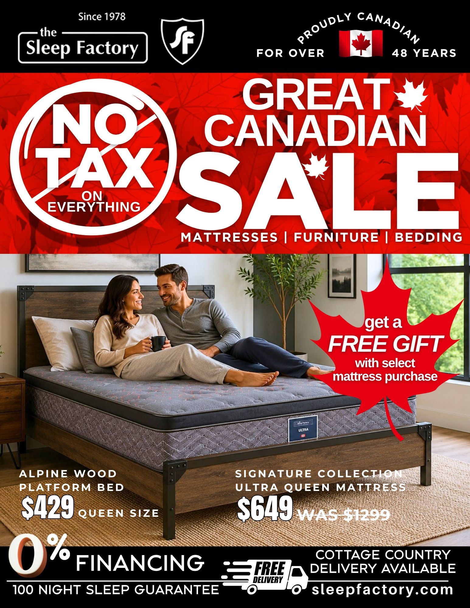 The Sleep Factory's Great Canadian Sale featuring No Tax on Everything. Displayed is a couple relaxing on a Signature Collection Ultra Queen Mattress, priced at $649 (was $1299). Also featured is an Alpine Wood Platform Bed in Queen Size for $429. Enjoy 0% financing, a 100-night sleep guarantee, and free cottage country delivery available. Get a free gift with select mattress purchases. Visit sleepfactory.com.