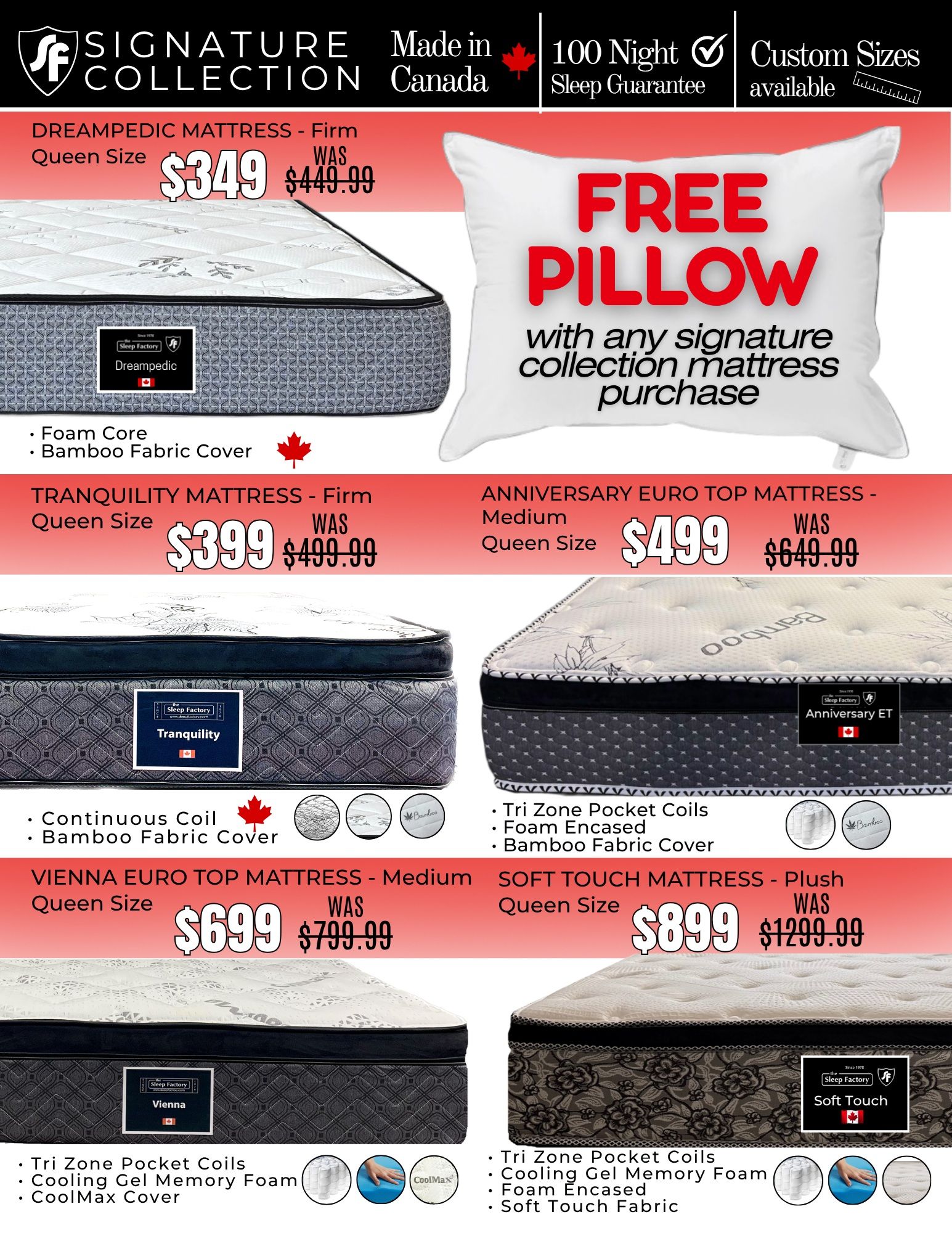 The Sleep Factory flyer specials page 2 features mattresses from the Signature Collection, made in Canada. The Dreampedic Mattress - Firm, Queen Size, is on sale for $349, down from $449.99, and features a foam core and bamboo fabric cover. With any Signature Collection mattress purchase, receive a free pillow. The Tranquility Mattress - Firm, Queen Size, is priced at $399, was $499.99, and includes continuous coil and bamboo fabric cover. The Anniversary Euro Top Mattress - Medium, Queen Size, is available for $499, was $649.99, and has Tri Zone Pocket Coils, foam encased, and a bamboo fabric cover. The Vienna Euro Top Mattress - Medium, Queen Size, is on sale for $699, was $799.99, and features Tri Zone Pocket Coils, Cooling Gel Memory Foam, and a CoolMax Cover. The Soft Touch Mattress - Plush, Queen Size, is priced at $899, was $1299.99, and includes Tri Zone Pocket Coils, Cooling Gel Memory Foam, foam encased, and soft touch fabric.