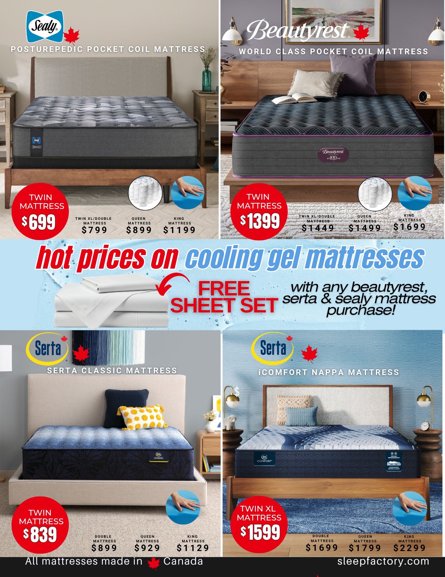 The Sleep Factory flyer page 3 features hot prices on cooling gel mattresses. Top left: Sealy Posturepedic Pocket Coil Mattress, Twin size for $699, Twin XL/Double for $799, Queen for $899, and King for $1199. Top right: Beautyrest World Class Pocket Coil Mattress, Twin size for $1399, Twin XL/Double for $1449, Queen for $1499, and King for $1699. With any Beautyrest, Serta, and Sealy mattress purchase, receive a free sheet set. Bottom left: Serta Classic Mattress, Twin size for $839, Double for $899, Queen for $929, and King for $1129. All mattresses are made in Canada. Bottom right: Serta iComfort Nappa Mattress, Twin XL size for $1599, Double for $1699, Queen for $1799, and King for $2299. Visit sleepfactory.com.