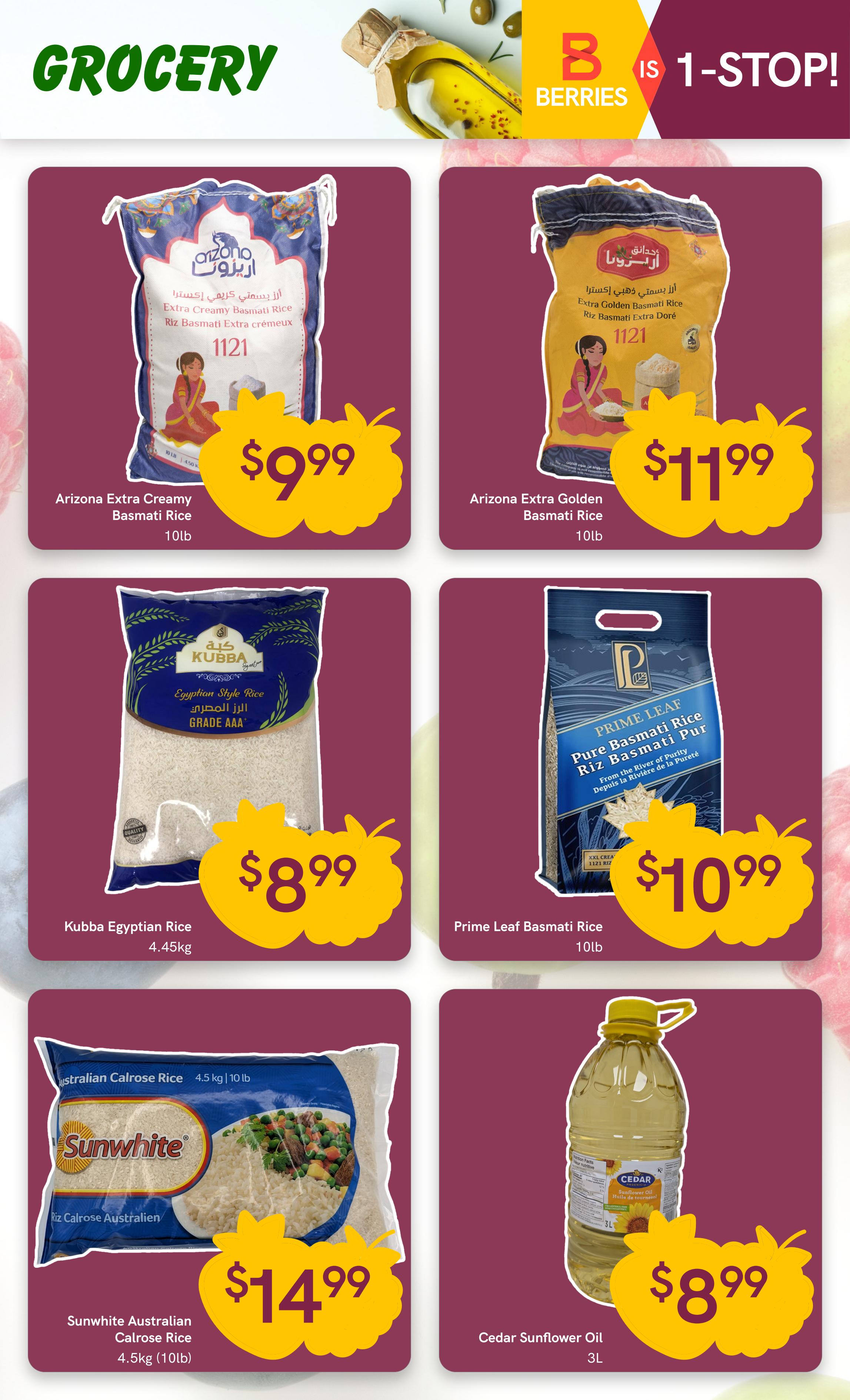 Berries Market grocery flyer page 9 featuring various rice products and cooking oil. Offers include Arizona Extra Creamy Basmati Rice for $9.99 (10lb), Arizona Extra Golden Basmati Rice for $11.99 (10lb), Kubba Egyptian Style Rice for $8.99 (4.45kg), Prime Leaf Pure Basmati Rice for $10.99 (10lb), and Sunwhite Australian Calrose Rice for $14.99 (4.5kg/10lb). Also featured is Cedar Sunflower Oil for $8.99 (3L).