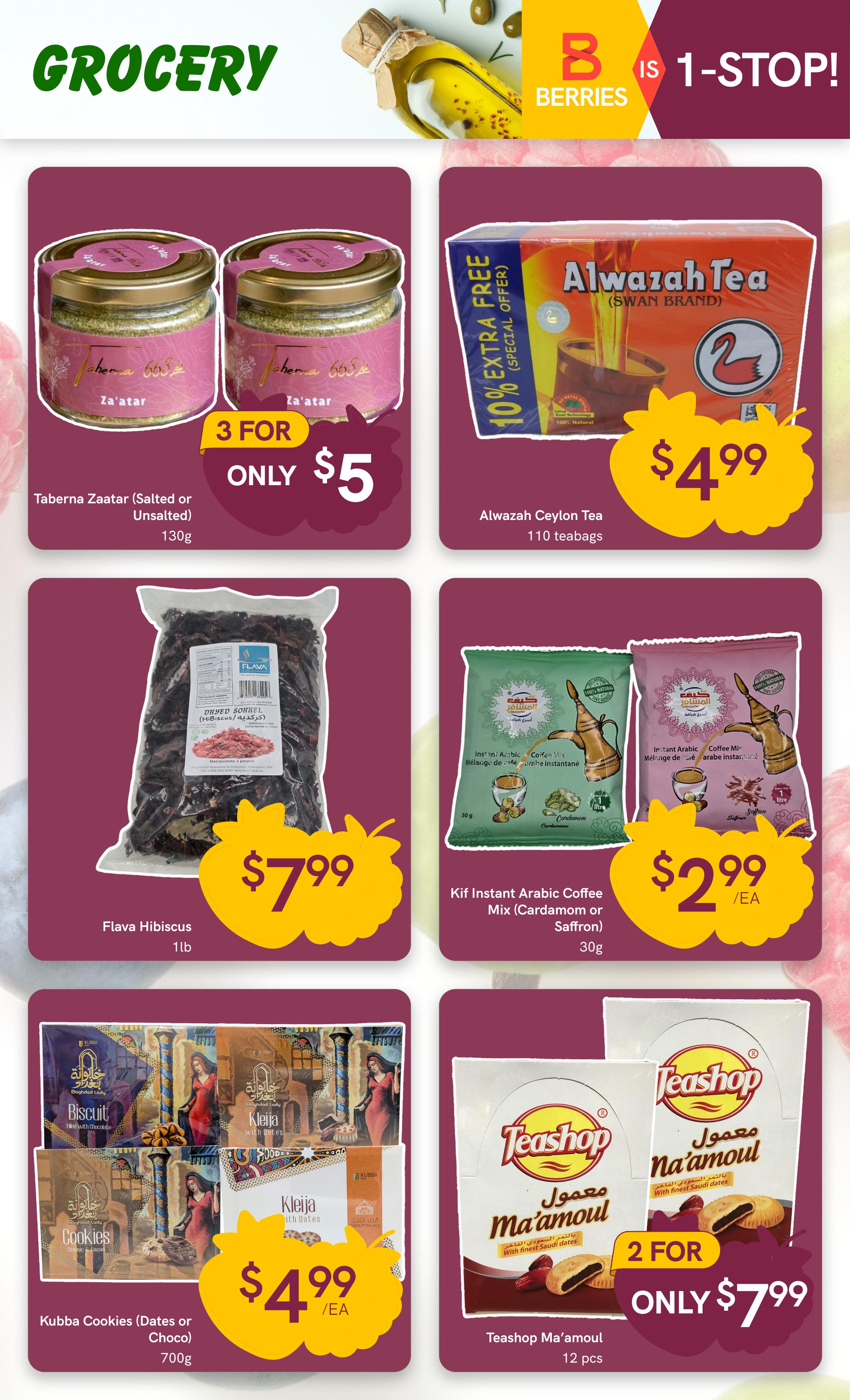 Berries Market weekly flyer specials page 14, featuring grocery items. Offers include Taberna Zaatar (Salted or Unsalted) 130g for 3 for $5, Alwazah Ceylon Tea (Swan Brand) 110 teabags for $4.99 with a 10% extra free special offer, Flava Hibiscus dried sorrel 1lb for $7.99, Kif Instant Arabic Coffee Mix (Cardamom or Saffron) 30g for $2.99 each, Kubba Cookies (Dates or Choco) 700g for $4.99 each, and Teashop Ma'amoul 12 pcs for 2 for only $7.99.