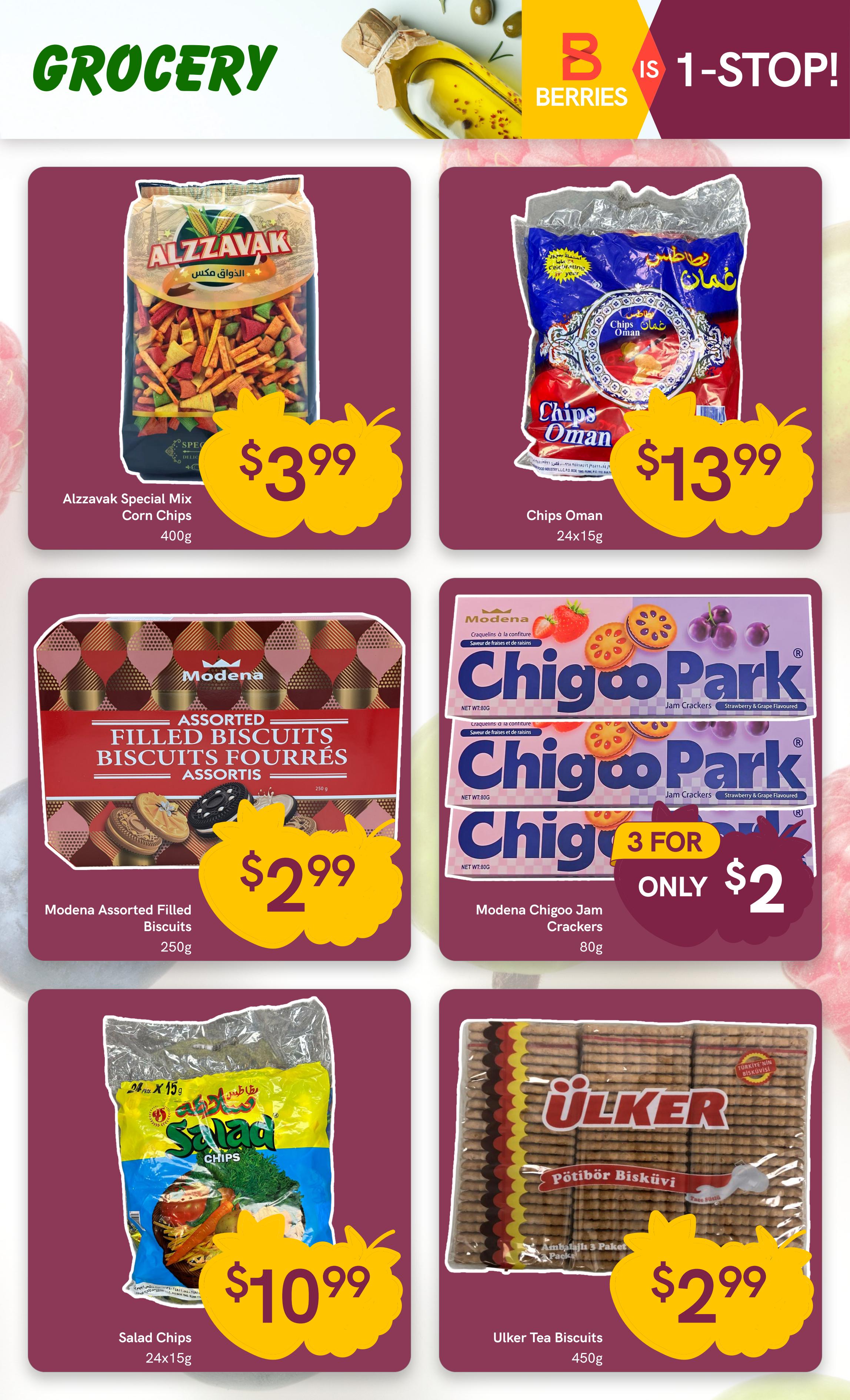 Berries Market Grocery page featuring various snack items. Alzzavak Special Mix Corn Chips are available for $3.99. Chips Oman, a 24x15g pack, is priced at $13.99. Modena Assorted Filled Biscuits, 250g, cost $2.99. Modena Chigoo Jam Crackers (Strawberry & Grape Flavoured), 80g, are on sale 3 for only $2. Salad Chips, 24x15g, are $10.99. Ulker Tea Biscuits, 450g, are priced at $2.99.