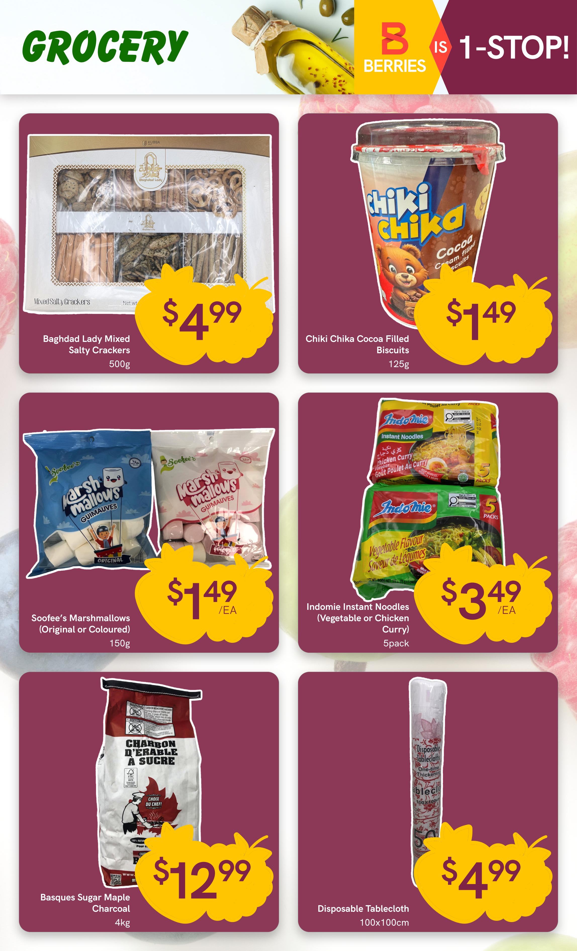 Berries Market weekly flyer specials page 16 features a grocery section. Highlighted items include Baghdad Lady Mixed Salty Crackers for $4.99, Chiki Chika Cocoa Filled Biscuits for $1.49, Soofee's Marshmallows (Original or Coloured) for $1.49 per pack, and Indomie Instant Noodles (Vegetable or Chicken Curry flavour) 5-pack for $3.49 each. Also featured are Basques Sugar Maple Charcoal for $12.99 and a Disposable Tablecloth (100x100cm) for $4.99.