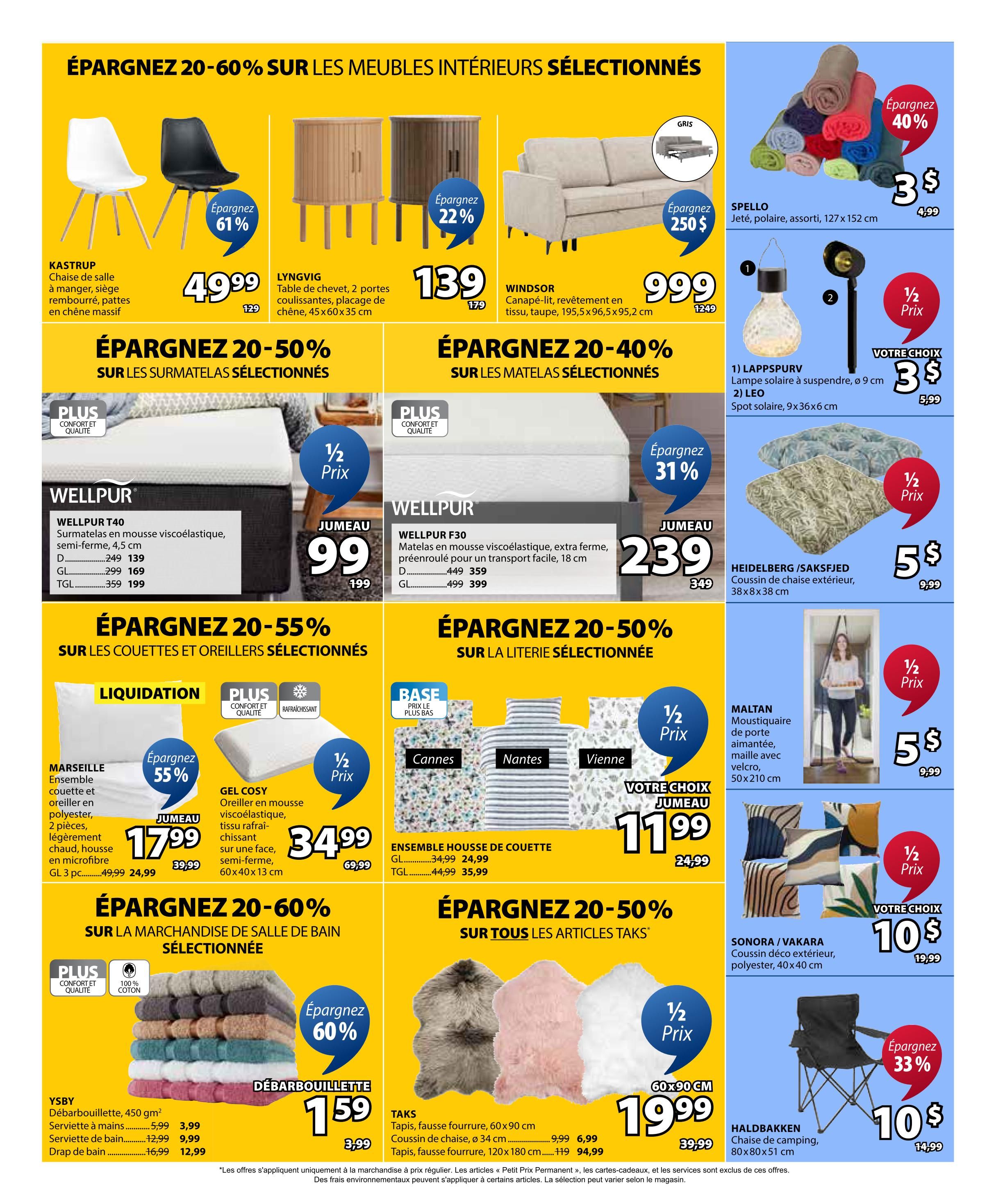 Jysk flyer page 2 features savings of 20-60% on selected furniture. Featured items include KAstrUP dining chairs for $49.99 (save 61%), LYNGVIG 2-door nightstand for $139 (save 22%), and WINDSOR sofa bed for $999 (save $250). Also on sale are selected mattresses with savings of 20-40%. WELLPUR T40 mattresses are $99 (half price) and WELLPUR F30 mattresses are $239 (save 31%). Bedding and pillows are 20-55% off, with MARSEILLE duvet set for $17.99 (save 55%) and GEL COSY pillow for $34.99. Selected bedding sets are half price, with choices like CANNES, NANTES, and VIENNE for $11.99. Bathroom items are 20-60% off, including YSBY bath sheets for $1.59 (save 60%). Also featured are SPello towels for $3 (save 40%), LAPPSPURV solar lantern for $3 (half price), LEO solar spot light for $3 (half price), HEIDELBERG/SAKSFJED outdoor cushion for $5 (half price), and MALTAN mosquito net for $5 (half price). Taks rugs are 20-50% off, with 60x90 cm rugs for $19.99. SONORA/VAKARA decorative cushions are $10 (half price), and HALDBAKKEN camping chair is $10 (save 33%).