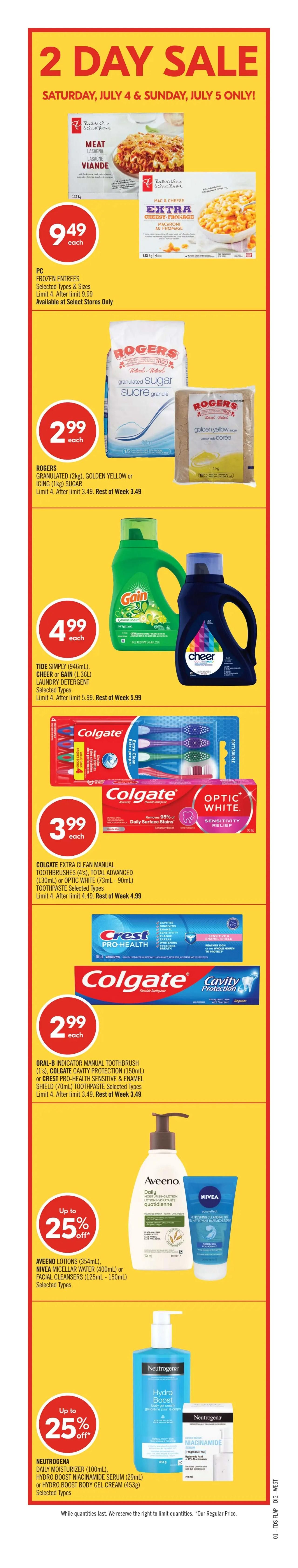 Shoppers Drug Mart flyer page 2 featuring a 2-day sale on Saturday, July 4 and Sunday, July 5, with deals like Grade 'A' Large White Eggs for $3.79, No Name Butter for $5.49, Christie Cookies or Crackers and Ritz Crackers for 2/$4, and PC Natural Spring Water for 2/$5. Also on sale are Dairyland Chocolate Milk for $2.29, Mondelez Summer Favourites for $14.99, Doritos Tortilla Chips or Cheetos Snacks for 2/$7.50, and Wonder White or Whole Wheat Bread for $2.49. Other 2-day deals include Bounty Paper Towels for $6.99, Royale Plush or Velour 3-ply Facial Tissues for $5.99, and Oral-B or Colgate Toothpaste for $1.29. Red Hot Deals from Saturday, July 4 to Thursday, July 9 include Life Brand Vitamins with up to 40% off, Tena Incontinence Products for $17.99, Vichy and Cerave or Eucerin Skin Care Products with up to 20% off, and Cottonelle Personal Wipes for $7.99. Bounce Sheets are $10.99, and Tide Pods are $10.99. Also featured are Band-Aid, Pampers Jumbo Diapers, La Roche-Posay Iced Coffee Tumbler with purchase, Roc Facial Moisturizers, Old Spice Body Wash, and Avène Skin Care. Additional offers include Air Wick Air Freshener or Finish Dishwasher Detergent Products with up to 20% off, Lay's Family Size Potato Chips for 2/$7, and Friskies or Fancy Feast Cat Food for 90 cents. Other deals include No Name Peanut Butter for $3.99, Red Bull Energy Drink for $8.49, Preference, Féria, or Colorista Hair Colour for $13.99, Alberto Styling or Dove Hair Care Products for $4.99, Quaker Life, Kellogg's Rice Krispies or Kids Cereal for $3.99, and PC Rich & Chewy Granola Bars, Dad's Oatmeal, or Peek Freans Cookies for $2.79. Seniors' Day on Thursday, July 9 offers 20% off. An app exclusive offer provides up to 30% off. Get 20x the PC Optimum points on select purchases.