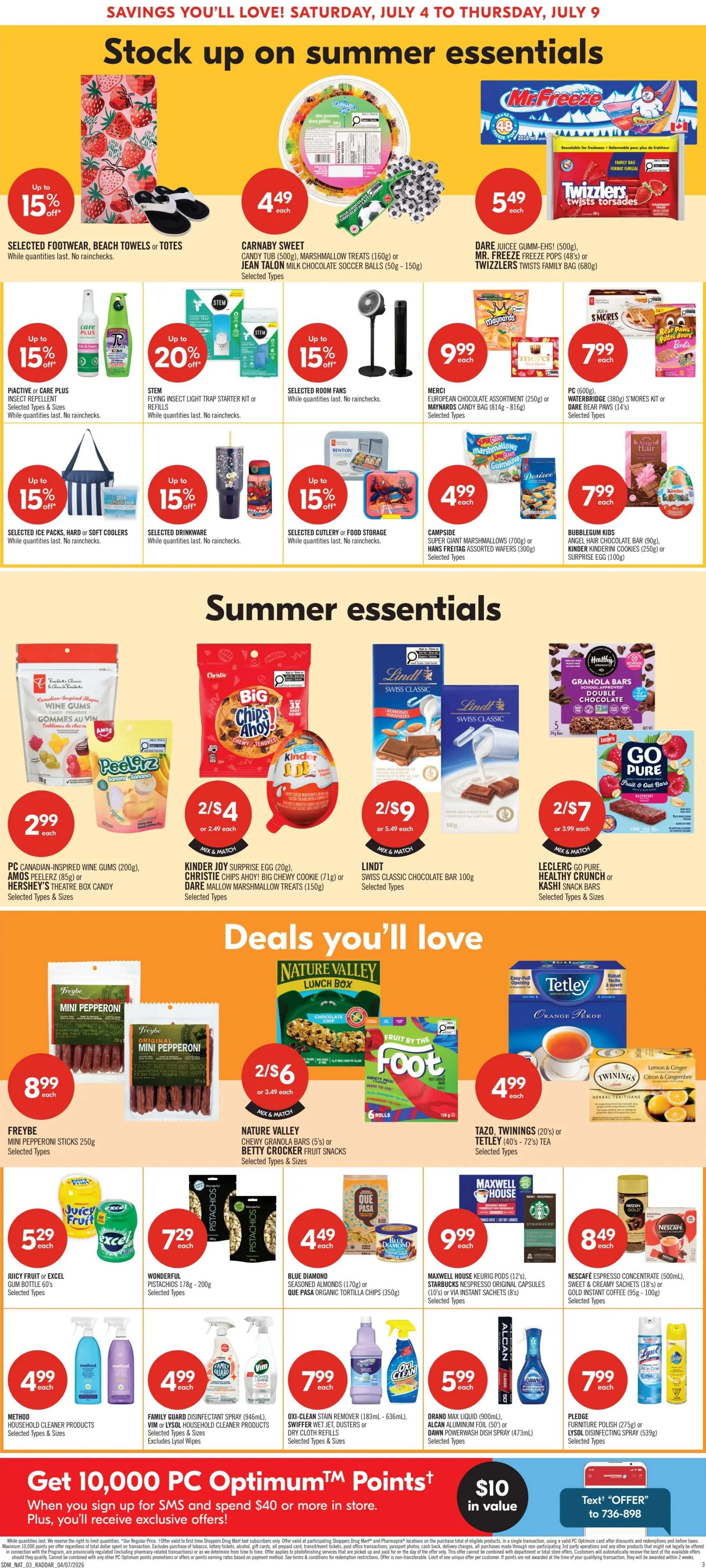 Shoppers Drug Mart flyer page 6, featuring summer essentials and deals. Top section includes selected footwear, beach towels or totes with up to 15% off, Carnaby Sweet candy tub for $4.49, Dare Juicy Gum-Ehs for $5.49, Mr. Freeze popsicles for $5.49, Twizzlers family bag for $5.49. Also featured are Pk Insect Repellent with up to 15% off, Stem Flying Insect Light Trap Starter Kit or Refills with up to 20% off, Selected Room Fans with up to 15% off, Merci European Chocolate Assortment for $9.99, and PC S'mores Kit or Dare Bear Paws for $7.99. The 'Summer Essentials' section offers PC Canadian-Inspired Wine Gums for $2.99, Kinder Joy Surprise Eggs for 2 for $4, Christie Chips Ahoy! or Big Chewy Cookie for 2 for $4, Lindt Swiss Classic Chocolate Bar for 2 for $9, Leclerc Go Pure Healthy Crunch or Kashi Snack Bars for 2 for $7. The 'Deals you'll love' section includes Freybe Mini Pepperoni Sticks for $8.99, Nature Valley Chewy Granola Bars or Betty Crocker Fruit Snacks for 2 for $6, Fruit by the Foot for 2 for $6, Tazo Teas or Tetley Tea for $4.99. Further deals include Juicy Fruit or Excel Gum Bottles for $5.29, Wonderful Pistachios for $7.29, Blue Diamond Seasoned Almonds or Que Pasa Tortilla Chips for $4.49, Maxwell House Keurig Pods or Starbucks Nespresso Capsules for $9.99, and Nescafé Espresso Concentrate or Gold Roast Coffee for $8.49. Cleaning supplies on sale include Method Household Cleaner Products for $4.99, Family Guard Disinfectant Spray for $4.99, Oxi-Clean Stain Remover or Swiffer Wet Jet Dusters for $7.99, Drano Max Liquid or Alcan Aluminum Foil for $5.99, and Pledge Furniture Polish or Lysol Disinfecting Spray for $7.99. The bottom of the page promotes getting 10,000 PC Optimum Points when you sign up for SMS and spend $40 or more in store.