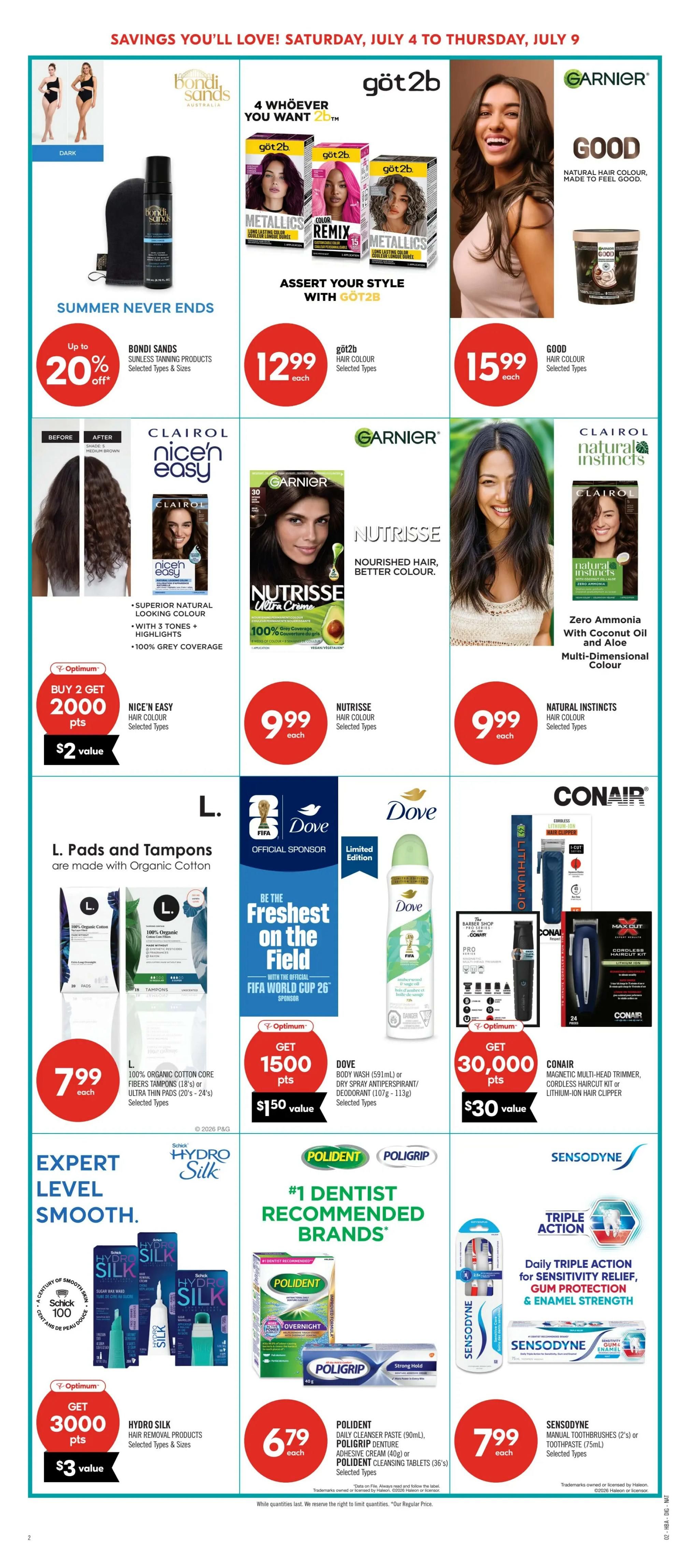 Shoppers Drug Mart Ontario flyer page 10 features savings from Saturday, July 4 to Thursday, July 9. Top deals include Bondi Sands Sunless Tanning Products with up to 20% off. Göt2b Hair Colour is $12.99 each, and Garnier Good Natural Hair Colour is $15.99 each. Clairol Nice'n Easy Hair Colour is buy 2 get 2000 Optimum points, valued at $2. Garnier Nutrisse Ultra Crème Hair Colour is $9.99 each, and Clairol Natural Instincts Hair Colour is also $9.99 each. L. Pads and Tampons made with Organic Cotton are $7.99 each. Dove Body Wash or Dry Spray Antiperspirant/Deodorant is $1.50 with a buy 2 get 1500 Optimum points offer. Conair Magnetic Multi-Head Trimmer or Cordless Haircut Kit or Lithium-Ion Hair Clipper is $30 with a buy 2 get 30,000 Optimum points offer. Hydro Silk Hair Removal Products are $3 value when you buy 2, get 3000 Optimum points. Polident Daily Cleanser Paste, Poligrip Denture Adhesive Cream, or Polident Cleansing Tablets are $6.79 each. Sensodyne Manual Toothbrushes (2's) or Toothpaste (75mL) are $7.99 each.