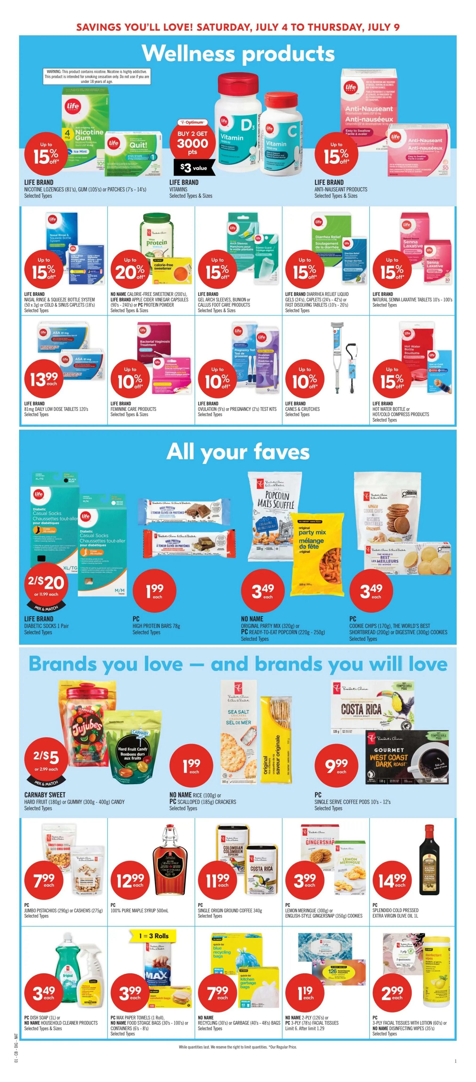 Shoppers Drug Mart flyer page 11 featuring 'Wellness Products' and 'All Your Faves'. Wellness products include Life Brand Nicotine Lozenges, Gum, or Patches with up to 15% off, Life Brand Vitamins with a Buy 2 Get 3000 Optimum Points offer, and Life Brand Anti-Nauseant products with up to 15% off. Also featured are Life Brand Nasal Rinse & Squeeze Bottle System, No Name Calorie-Free Sweetener, Life Brand Gel Arch Sleeves, Life Brand Diarrhea Relief Liquid Gels, and Life Brand Natural Senna Laxative Tablets, all with up to 15% off. Additional wellness items include Life Brand 81mg Daily Low Dose Tablets for $13.99, Life Brand Feminine Care Products with up to 10% off, Life Brand Ovulation or Pregnancy Test Kits with up to 10% off, and Life Brand Canes & Crutches with up to 10% off. Life Brand Hot Water Bottle or Hot/Cold Compress Products are up to 15% off. 'All Your Faves' section includes Life Brand Diabetic Socks 2 pairs for $20, PC High Protein Bars 78g for $1.99 each, No Name Original Party Mix or PC Ready-to-Eat Popcorn for $3.49 each, and PC Cookie Chips or Digestive Cookies for $3.49 each. 'Brands You Love' section showcases Carnaby Sweet Hard Fruit or Gummy Candy 2 for $5, No Name Rice Crackers or PC Scalloped Crackers for $1.99 each, and PC Single Serve Coffee Pods for $9.99. Other featured items are PC Jumbo Pistachios or Cashews for $7.99 each, 100% Pure Maple Syrup 500ml for $12.99, PC Single Origin Ground Coffee 340g for $11.99, PC Lemon Meringue or English-Style Gingersnap Cookies for $3.99, and Splendido Cold Pressed Extra Virgin Olive Oil 1L for $14.99. Cleaning and household items include PC Dish Soap or No Name Household Cleaner Products for $3.49 each, PC Paper Towels or No Name Storage Bags for $3.99 each, No Name Recycling or Garbage Bags for $7.99 each, No Name 2-Ply Facial Tissues for $1.19, and PC 3-Ply Facial Tissues or No Name Disinfecting Wipes for $2.99 each.