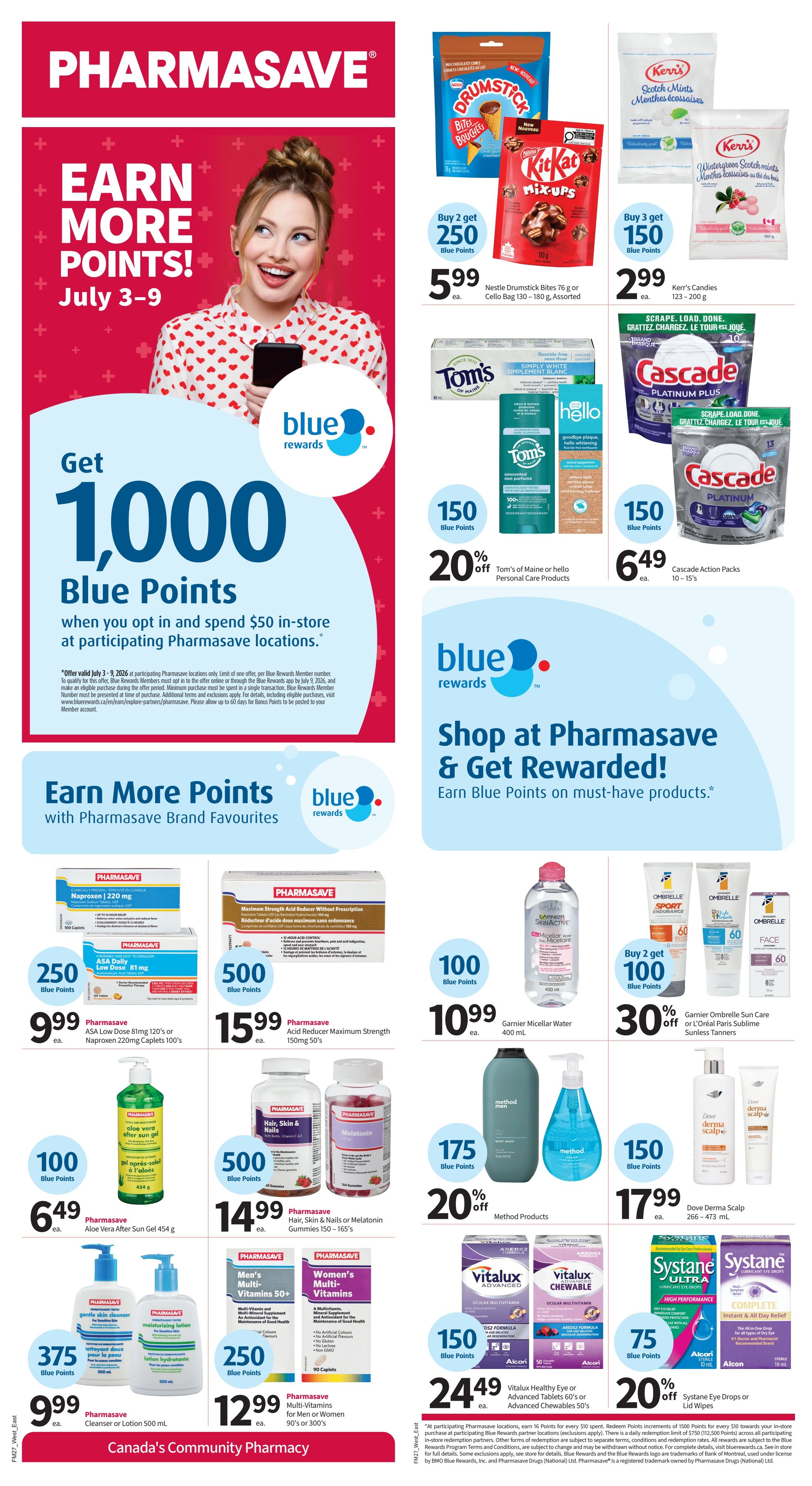 Pharmasave flyer page 2 features a promotion to earn 1,000 Blue Points when you opt-in and spend $50 in-store. Featured products include Nestlé Drumstick Bites for $5.99, Kerr's Candies for $2.99, Tom's of Maine or hello Personal Care Products with 20% off, and Cascade Action Packs for $6.49. Pharmasave brand favourites include ASA Low Dose 81 mg Caplets for $9.99, Acid Reducer Maximum Strength for $15.99, Aloe Vera After Sun Gel for $6.49, Hair, Skin & Nails or Melatonin Gummies for $14.99, Cleanser or Lotion for $9.99, and Multi-Vitamins for $12.99. Other offers include Garnier Micellar Water for $10.99, Garnier Ombrelle Sun Care or L'Oréal Paris Sublime Sunless Tanners with 30% off, Method Products with 20% off, Dove DermaScalp for $17.99, Vitalux Healthy Eye or Advanced Tablets for $24.49, and Systane Eye Drops or Lid Wipes with 20% off. The flyer also highlights earning Blue Points on must-have products.