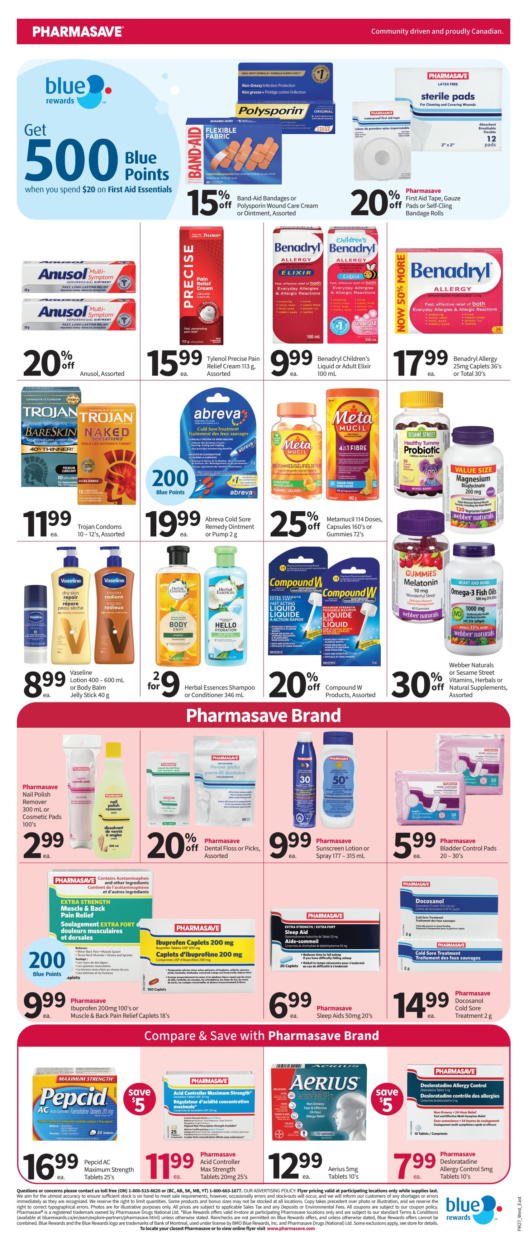 Pharmasave flyer page 3 features a 'Get 500 Blue Points when you spend $20 on First Aid Essentials' promotion. Featured products include Band-Aid Bandages or Polysporin Wound Care Cream or Ointment, assorted, 15% off; Pharmasave First Aid Tape, Gauze Pads or Self-Cling Bandage Rolls, 20% off. Anusol Assorted is 20% off. Tylenol Precise Pain Relief Cream 113 g is $15.99. Benadryl Children's Allergy Elixir or Adult Elixir 100 mL is $9.99. Benadryl Allergy 25mg Caplets 36's or Total 30's is $17.99. Trojan Condoms 10-12's, assorted, are $11.99. Abreva Cold Sore Remedy Ointment or Pump 2 g is $19.99. Metamucil 114 Doses, Capsules 160's or Gummies 72's are 25% off. Vaseline Lotion 400-600 mL or Body Balm Jelly Stick 40 g is $8.99. Herbal Essences Shampoo or Conditioner 346 mL are 2 for $9. Compound W Products, assorted, are 20% off. Webber Naturals or Sesame Street Vitamins, Herbals or Natural Supplements, assorted, are 30% off. Pharmasave Brand items include Nail Polish Remover, Cosmetic Pads 100's for $2.99. Pharmasave Dental Floss or Picks, assorted, are 20% off. Pharmasave Sunscreen Lotion or Spray 177-315 mL is $9.99. Pharmasave Bladder Control Pads 20-30's are $5.99. Pharmasave Extra Strength Muscle & Back Pain Relief is 200 Blue Points with purchase. Ibuprofen Caplets 200 mg 100's are $9.99. Pharmasave Sleep Aids 50's are $6.99. Docosanol Cold Sore Treatment 2 g is $14.99. Compare & Save with Pharmasave Brand: Pepcid AC Maximum Strength Tablets 25's are $16.99 with a save $5 offer. Pharmasave Acid Controller Maximum Strength Tablets 20mg 25's are $11.99. Aerius 5mg Tablets 10's are $12.99. Pharmasave Desloratadine Allergy Control 5mg Tablets 10's are $7.99 with a save $5 offer.