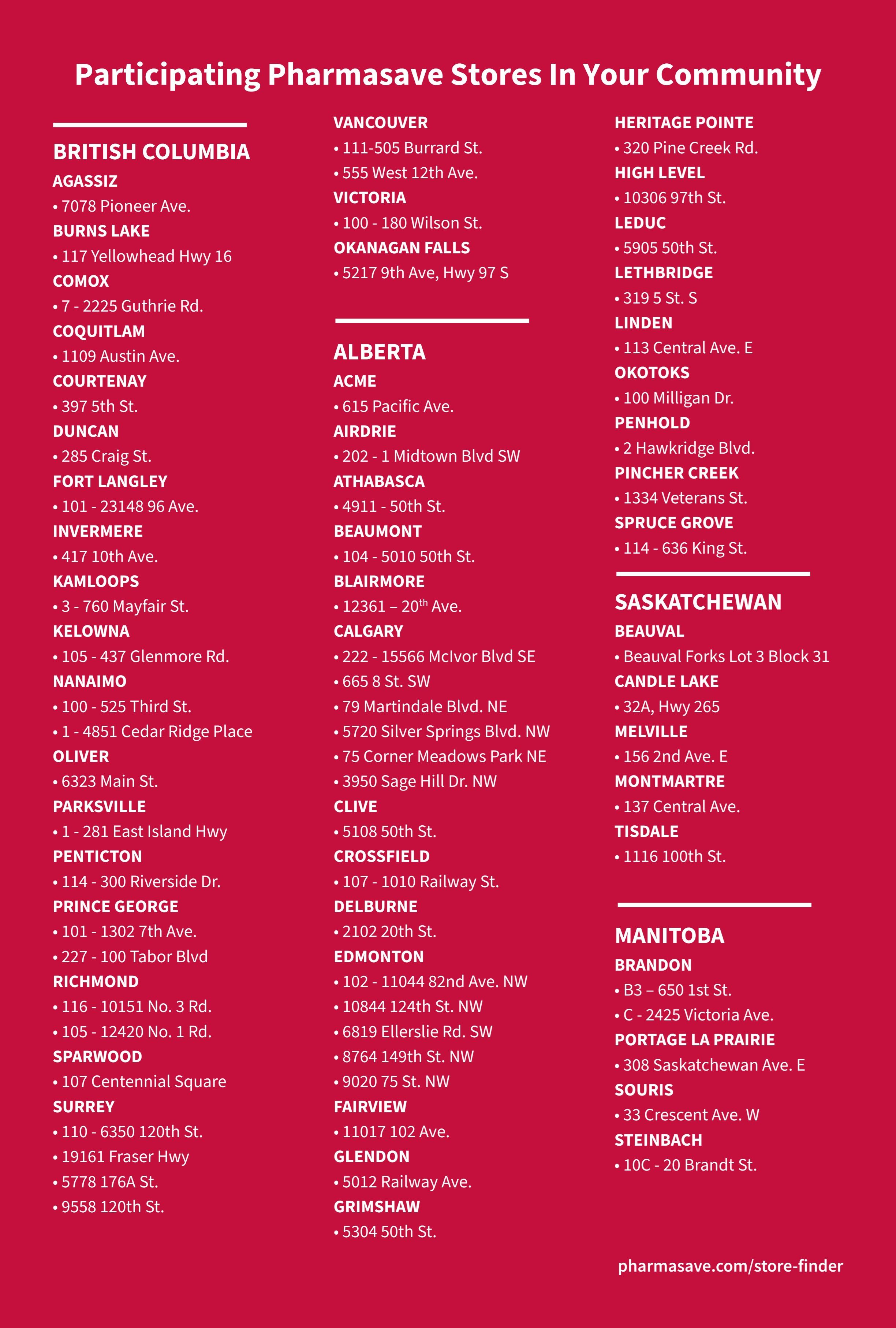 Pharmasave flyer page 5 lists participating store locations across Canada, organized by province. In British Columbia, locations include Agassiz, Burns Lake, Comox, Coquitlam, Courtenay, Duncan, Fort Langley, Invermere, Kamloops, Kelowna, Nanaimo, Oliver, Parksville, Penticton, Prince George, Richmond, Sparwood, and Surrey. In Alberta, stores are located in Vancouver, Victoria, Okanagan Falls, Acme, Airdrie, Athabasca, Beaumont, Blairmore, Calgary, Clive, Crossfield, Delburne, Edmonton, Fairview, Glendon, and Grimshaw. Saskatchewan locations are in Beauval, Candle Lake, Melville, Montmartre, and Tisdale. Manitoba locations include Brandon, Portage la Prairie, Souris, and Steinbach. A link to the Pharmasave store finder is provided at the bottom.