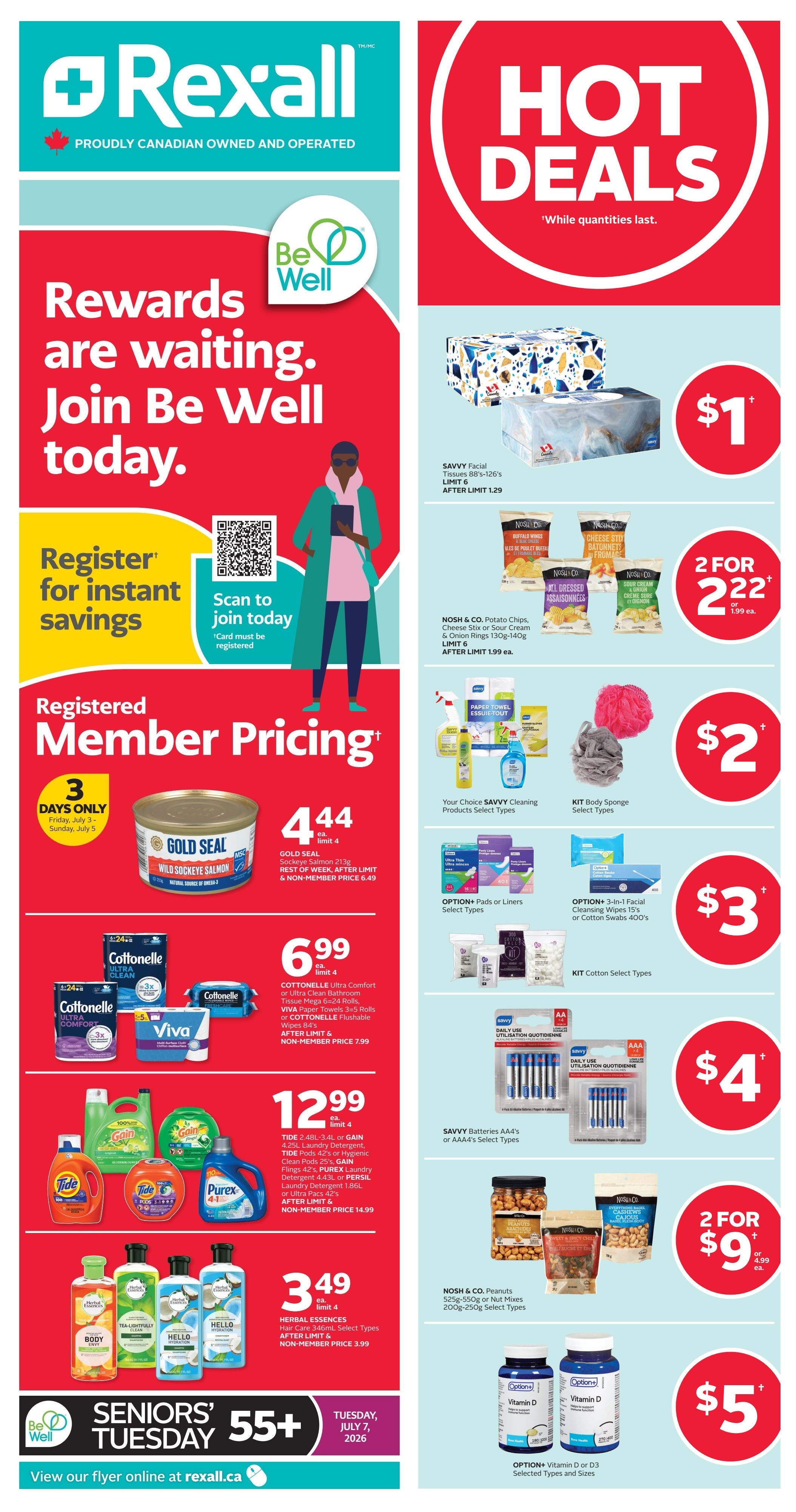 Rexall flyer page 3 featuring a 'Be Well' promotion: Get 25,000 bonus points when you spend $60 or more, plus an additional 25,000 points when you load a digital offer or download the app, for a total of 50,000 points back in $20 value. Also get a $20 Rexall Gift Card when you spend $100 on One4All Love, Canada Gift Cards. Featured products include Neutrogena or Aveeno Sun Care on sale for 25% off, L'Oreal Brow Stylist Definer for $13.99, and OGX Hair Care with a free Smooth Emulsion + Argan Oil Conditioning Mist (value $15.99) when you spend $30 or more on OGX products. Health Matters section includes Voltaren or Volataren Back & Knee Pain Relief Cream or Robax Platinum for $16.99, and Reactine Extra Strength Tablets or Liquid for 25%-35% off or Benadryl Allergy Caplets for 2 for $25. Everyday Needs include Dove Body Wash for $4.99, Off! or Raid Insect or Pest Select items for 20% off, and Ombrelle Sun Care for 40% off. Purex Bathroom Tissue, Scotties, or SpongeTowels are 3 for $6.99. Melatonin, Quercetin, and Omega-3 supplements are available. Maybelline New York Express Brow Pencil, SuperStay 24 Liquid Lipstick, or Matte Liquid Kajal Liner for $9.99. L'Oreal Preference or Magic Root Cover Up Hair Colour for $13.99. Webbers Vitamins or Herbal Supplements are buy one get one 50% off. Pampers Cruisers or Swaddlers diapers are 2 for $25. Coca-Cola or Pepsi products are 2 for $7.50. Ruffles, Doritos, or Miss Vickie's chips are 2 for $7.50. Crest or Oral-B Toothpaste or Toothbrushes are $3.99. Dempster's or White or 100% Whole Wheat Bread is 2 for $6.50. Grade A Large White Eggs are $3.99. Always Discreet Underwear, Briefs or Pads are $16.99. U by Kotex Pads, Liners or Tampons are $4.99. A promotion to win a $5,000 Canadian Vacation is also featured. Seniors' Tuesday offers 55+ customers 20% off on Tuesday, July 7, 2026.