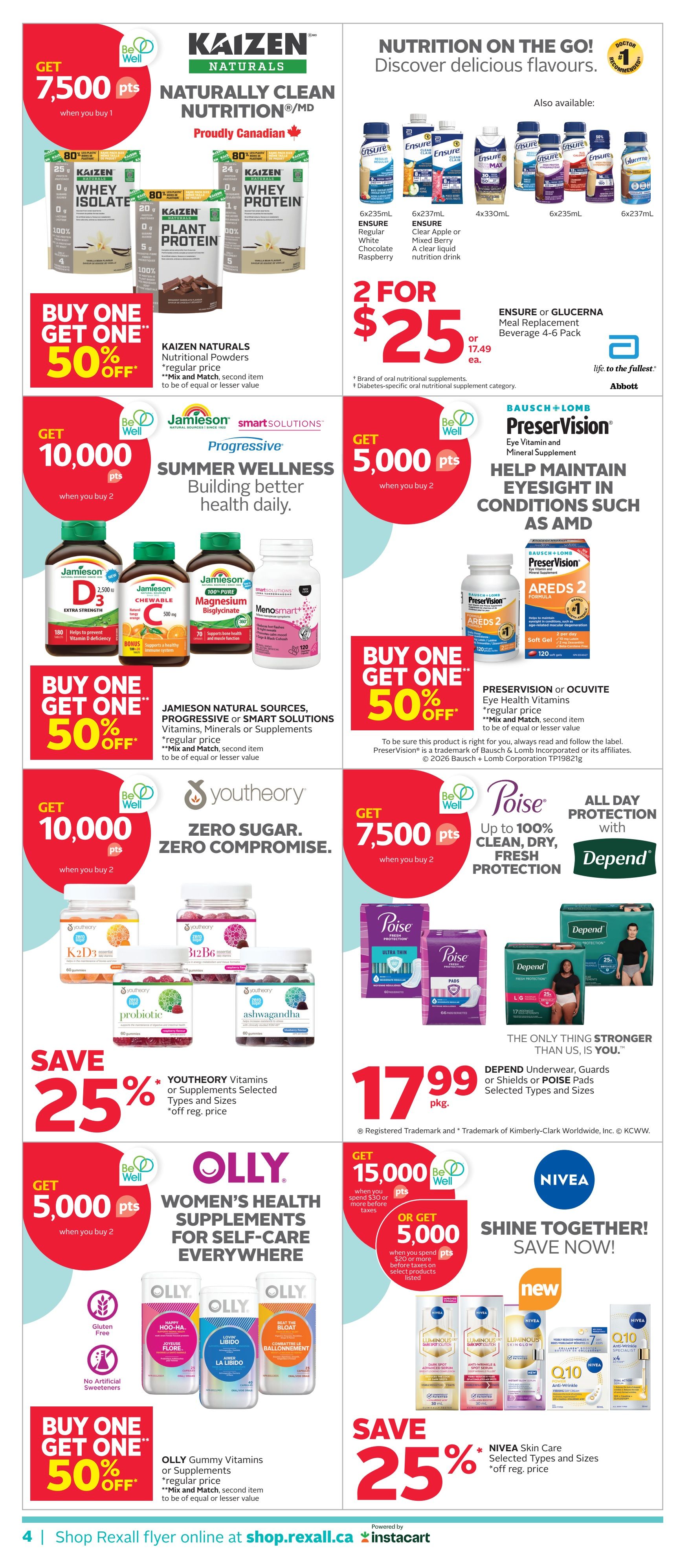 Rexall flyer page 10 featuring various health and wellness products. Top section highlights Kaizen Naturals Protein Powders with a Buy One Get One 50% off offer. Next to it, Ensure or Glucerna Meal Replacement Beverages are 2 for $25. Below, Jamieson Smart Solutions Progressive Summer Wellness vitamins and supplements, including Vitamin D3, Vitamin C, Magnesium Bisglycinate, and MenoSmart+, are Buy One Get One 50% off. Bausch + Lomb PreserVision or Ocuvite Eye Health Vitamins are also Buy One Get One 50% off. In the middle section, Youhtheory Vitamins and Supplements are Buy One Get One 50% off, with an additional 25% savings on selected types and sizes. Poise and Depend products are featured with a price of $17.99 per package. The bottom section showcases Olly Gummy Vitamins or Supplements with a Buy One Get One 50% off offer. Finally, Nivea Skin Care products are on sale with 25% off selected types and sizes.