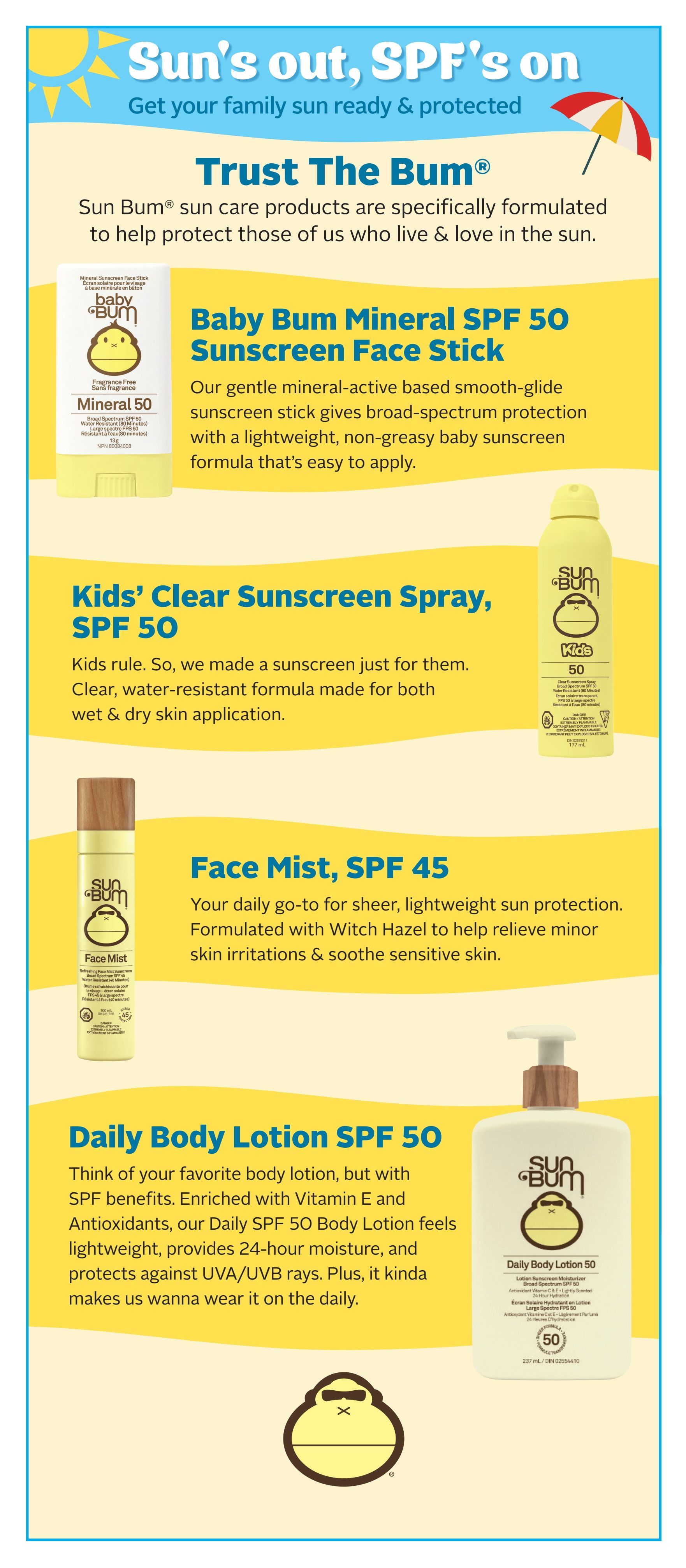 Sun's out, SPF's on! Get your family sun ready & protected with Trust The Bum Sun Care products. Featuring Baby Bum Mineral SPF 50 Sunscreen Face Stick, a gentle, mineral-active, smooth-glide sunscreen stick with broad-spectrum protection and a non-greasy formula. Also available is Kids' Clear Sunscreen Spray SPF 50, a clear, water-resistant formula for wet & dry application. Sun Bum Face Mist SPF 45 offers sheer, lightweight sun protection with Witch Hazel to soothe sensitive skin. Finally, the Daily Body Lotion SPF 50 provides 24-hour moisture and UVA/UVB protection, enriched with Vitamin E and Antioxidants.