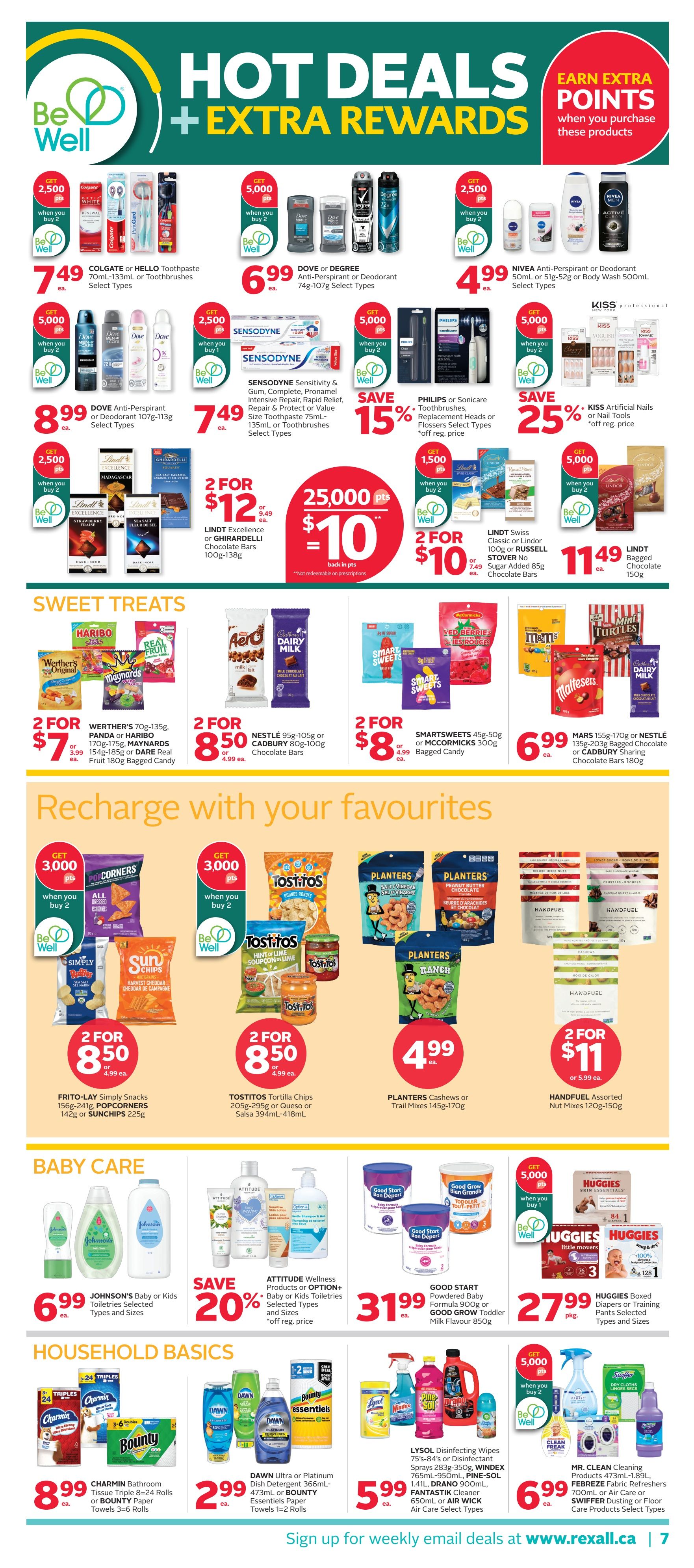 Rexall flyer page 14 featuring Hot Deals and Extra Rewards. Personal care items include Colgate or Hello Toothpaste for $7.49, Dove or Degree Anti-Perspirant or Deodorant for $6.99, Nivea Anti-Perspirant or Body Wash for $4.99, Dove Anti-Perspirant or Deodorant for $8.99, Sensodyne Sensitivity & Gum Toothpaste or Toothbrushes for $7.49, and Philips or Sonicare Toothbrushes or Replacement Heads on sale for 15% off regular price. Kiss Artificial Nails or Nail Tools are 25% off regular price. Chocolate deals include Lindt Excellence or Ghirardelli Chocolate Bars 2 for $12, and Lindt Swiss Classic or Lindor Stovner Chocolate Bars for $11.49. Sweet Treats section offers Werther's Original, Maynards, Panda or Dare Real Fruit Bagged Candy 2 for $7, Nestle Chocolate Bars 2 for $8.50, Smartsweets or McCormicks Bagged Candy 2 for $8, and Mars or Nestle Chocolate Bars for $6.99. Recharge with your favourites includes Frito-Lay Simply Snacks or SunChips for 2 for $8.50, Tostitos Tortilla Chips for 2 for $8.50, Planters Cashews or Trail Mixes for $4.99, and Handfuel Assorted Nut Mixes for 2 for $11. Baby Care features Johnson's Baby or Kids Toiletries for $6.99, Attitude Wellness Products or Baby or Kids Toiletries on sale for 20% off regular price, Good Start Powdered Baby Formula or Good Grow Toddler Milk Flavour for $31.99, and Huggies Diapers or Training Pants for $27.99. Household Basics include Charmin Bathroom Tissue or Bounty Paper Towels for $8.99, Dawn Ultra or Platinum Dish Detergent or Essentiels Paper Towels for $2.99, Lysol Disinfecting Wipes, Windex, Fantastik Cleaner, or Air Care Select Products for $5.99, and Mr. Clean Cleaning Products or Febreze Fabric Refreshers for $6.99. Sign up for weekly email deals at www.rexall.ca.