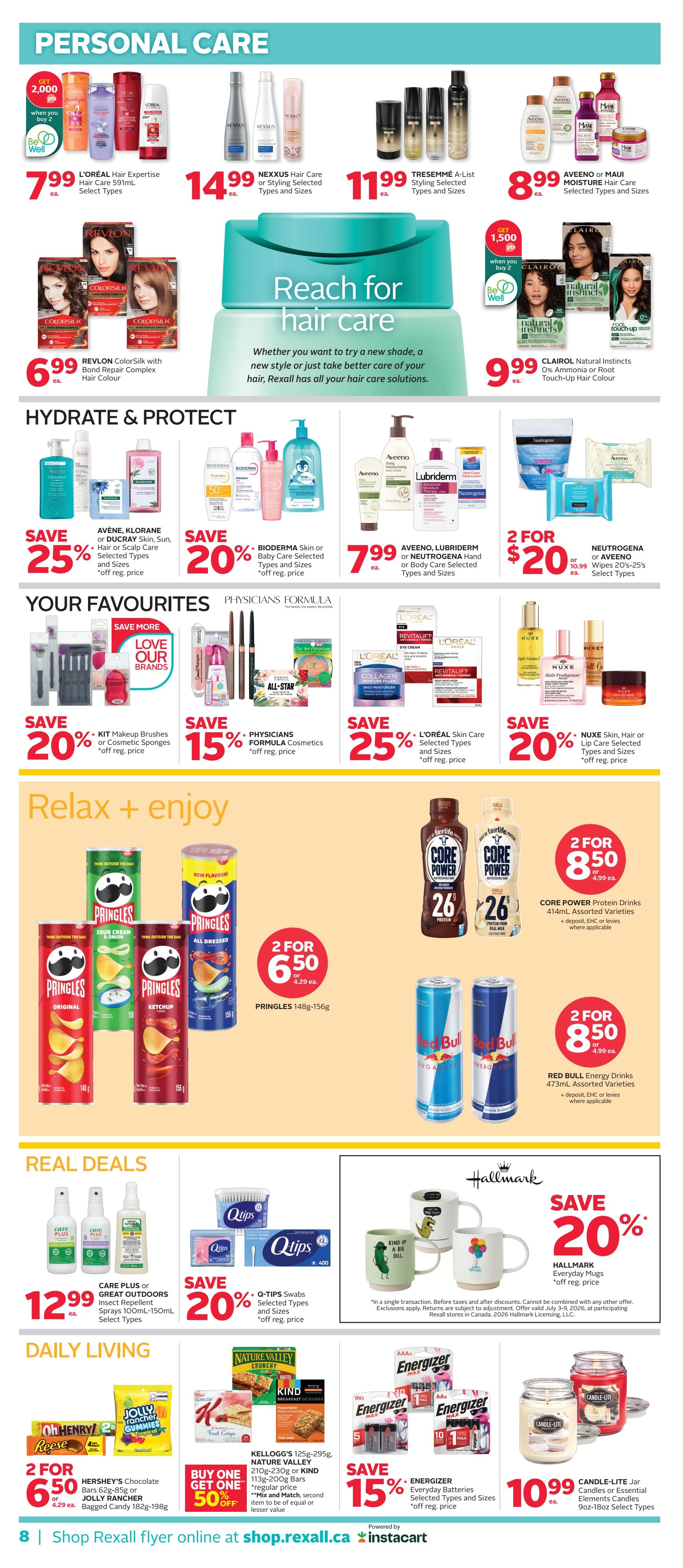 Rexall flyer page 15 featuring Personal Care, Hydrate & Protect, Your Favourites, Relax + Enjoy, Real Deals, and Daily Living sections. Personal Care includes L'Oréal Hair Expertise for $7.99, Nexxus Hair Care for $14.99, Tresemmé A-List Styling for $11.99, Aveeno or Maui Hair Care for $8.99, and Clairol Natural Instincts Hair Colour for $9.99. Hydrate & Protect offers 25% off Avéne, Klorane, or Ducray Skin, Hair or Scalp Care, 20% off Bioderma Skin or Baby Care, and Aveeno, Lubriderm, or Neutrogena Hand or Body Care for $7.99. Also, buy 2 Neutrogena Wipes 20's-25's for $20. Your Favourites include 20% off Kit Makeup Brushes or Cosmetic Sponges, 15% off Physicians Formula Cosmetics, 25% off L'Oréal Skin Care, and 20% off Nuxe Skin, Hair or Lip Care. Relax + Enjoy features Pringles 148g-156g for 2 for $6.50, Core Power Protein Drinks 414mL for 2 for $8.50, and Red Bull Energy Drinks 473mL for 2 for $8.50. Real Deals include Care Plus Insect Repellent Spray 100mL-150mL for $12.99 and 20% off Q-Tips Swabs. Daily Living includes Hershey's Chocolate Bars or Jolly Rancher Gummies for 2 for $6.50, Kellogg's or Nature Valley bars with a buy one get one 50% off offer, 15% off Energizer Everyday Batteries, and Candle-Lite Jar Candles or Essential Elements Candles 9oz-18oz for $10.99. Hallmark Everyday Mugs are 20% off. The flyer is valid from July 3-9, 2026.