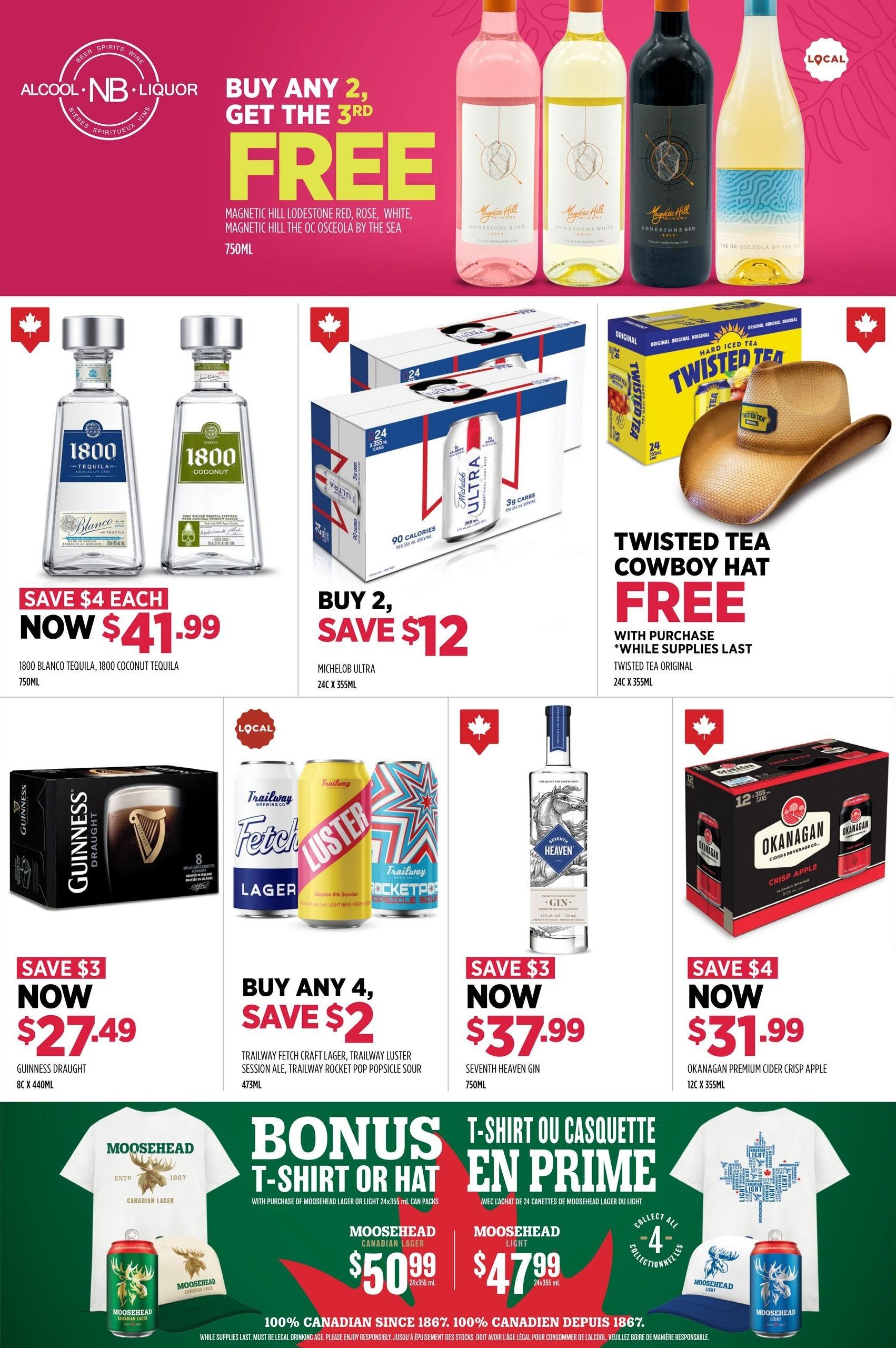 Alcool NB Liquor flyer, Spirits Savings Spotlight. Last chance to save $10 on Crown Royal Fine de Luxe Canadian Whisky, now $50.79 each for the 1.14L bottle. This offer ends July 5. A new deal starts July 6.