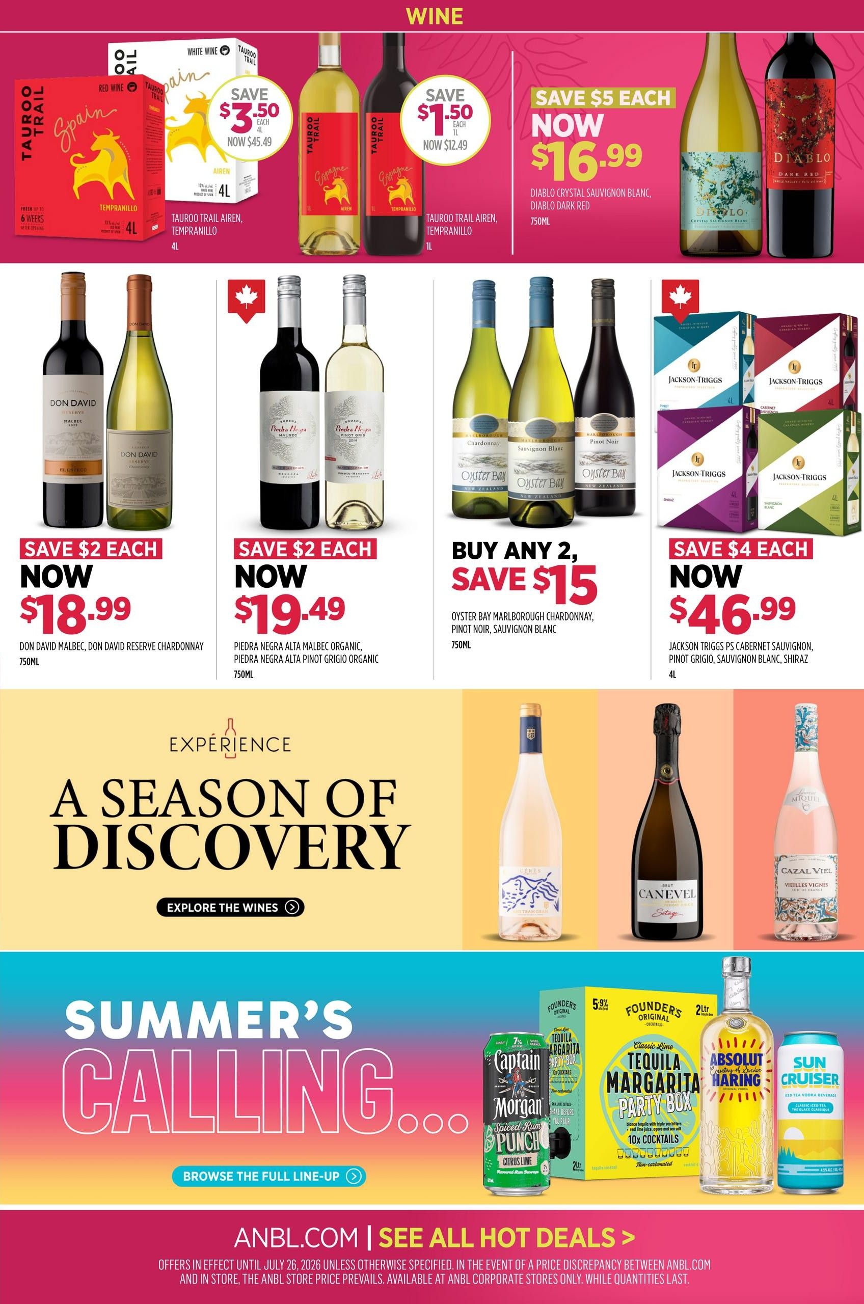 Alcool NB Liquor flyer page 4 features a selection of wines and ready-to-drink beverages. Top row offers Tauro Trail Tempranillo and Airen 4L boxes on sale, save $3.50 each, now $45.49. Tauro Trail Tempranillo and Airen 1L bottles are on sale, save $1.50 each, now $12.49. Diablo Crystal Sauvignon Blanc and Diablo Dark Red 750mL bottles are on sale, save $5 each, now $16.99. Middle row features Don David Malbec and Don David Reserve Chardonnay 750mL bottles, save $2 each, now $18.99. Piedra Negra Alta Malbec Organic and Piedra Negra Alta Pinot Grigio Organic 750mL bottles, save $2 each, now $19.49. Oyster Bay Marlborough Chardonnay, Pinot Noir, and Sauvignon Blanc 750mL bottles are buy any 2, save $15. Jackson-Triggs PS Cabernet Sauvignon, Pinot Grigio, Sauvignon Blanc, and Shiraz 4L boxes are on sale, save $4 each, now $46.99. The page also highlights 'A Season of Discovery' with a button to 'Explore the Wines' and 'Summer's Calling' with a button to 'Browse the Full Line-Up'. Featured drinks include Captain Morgan Spiced Rum Punch 2L, Founders Original Tequila Margarita Party Box 2L, Absolut Vodka Haring 1.75L, and Sun Cruiser Iced Tea Beverage.