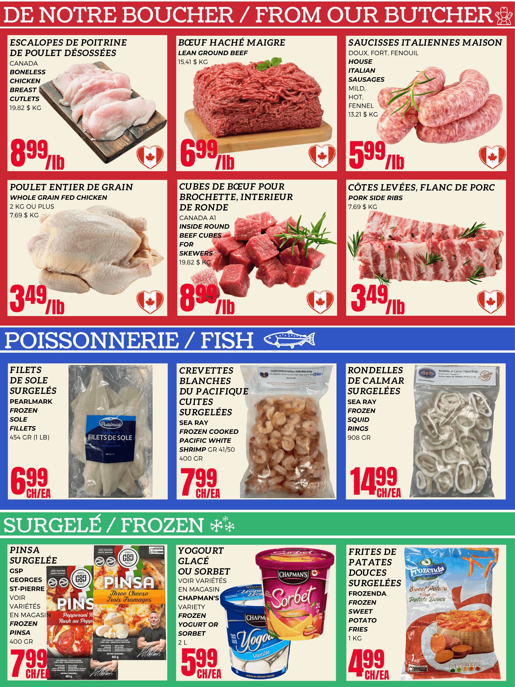 Euromarche weekly flyer specials page 2 features butcher and fish selections. Butcher items include boneless chicken breast cutlets for $8.99/lb, lean ground beef for $6.99/lb, house Italian sausages (mild, hot, fennel) for $5.99/lb, whole grain fed chicken for $3.49/lb, Canada A1 inside round beef cubes for skewers for $8.99/lb, and pork side ribs for $3.49/lb. Fish items include Pearlmark frozen sole fillets for $6.99 each, frozen cooked Pacific white shrimp for $7.99 each, and Sea Ray frozen squid rings for $14.99 each. Frozen items include GSP Georges St-Pierre frozen pinsa for $7.99 each, Chapman's frozen yogurt or sorbet for $5.99 each, and Frozenda frozen sweet potato fries for $4.99 each.