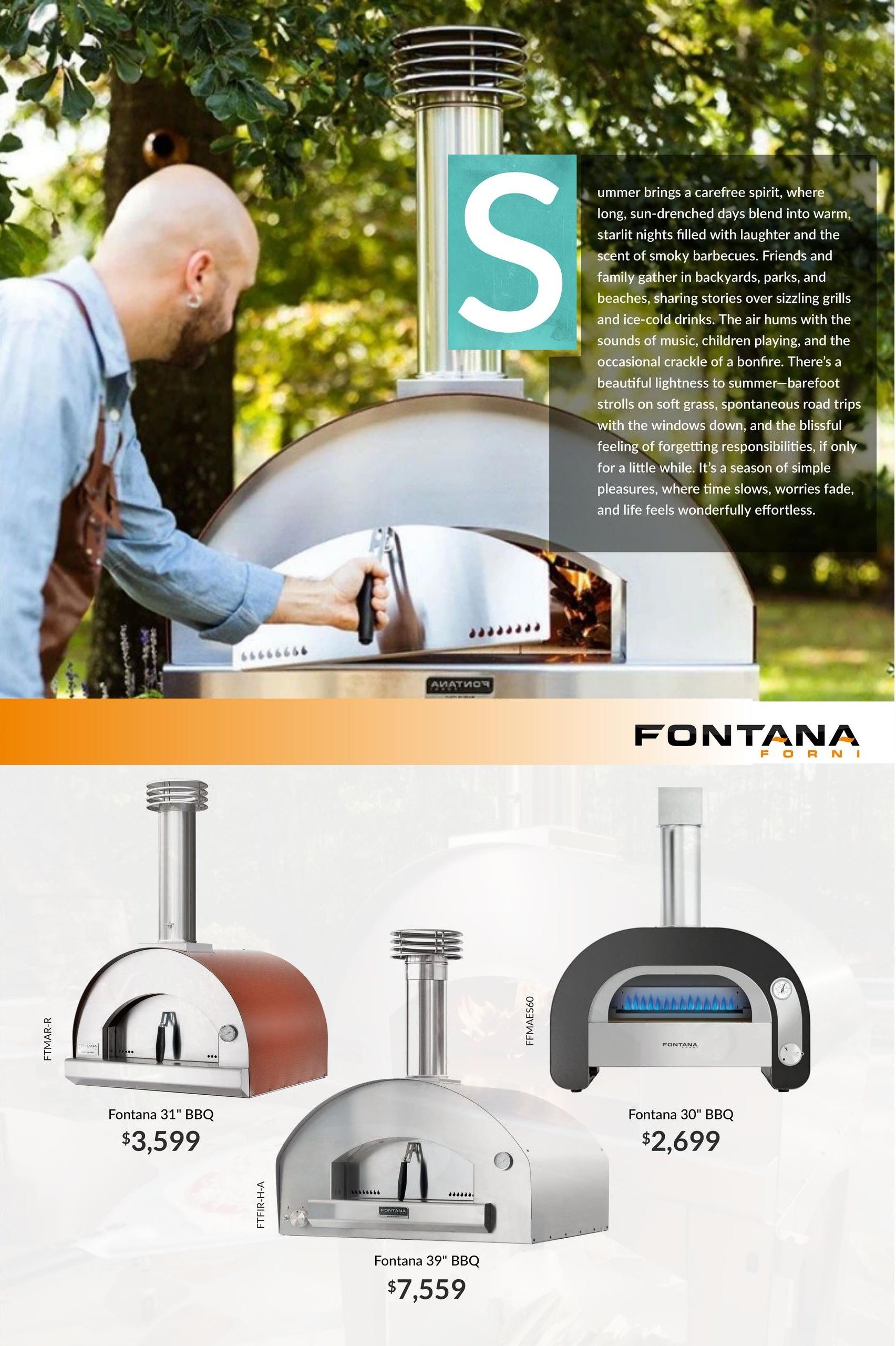 Trail Appliances Alberta BBQ Season flyer, page 2. Features Fontana Forni outdoor pizza ovens. The Fontana 31' BBQ is priced at $3,599. The Fontana 39' BBQ is priced at $7,559. The Fontana 30' BBQ is priced at $2,699. The page includes descriptive text about enjoying summer evenings with friends and family, emphasizing the carefree spirit of the season.