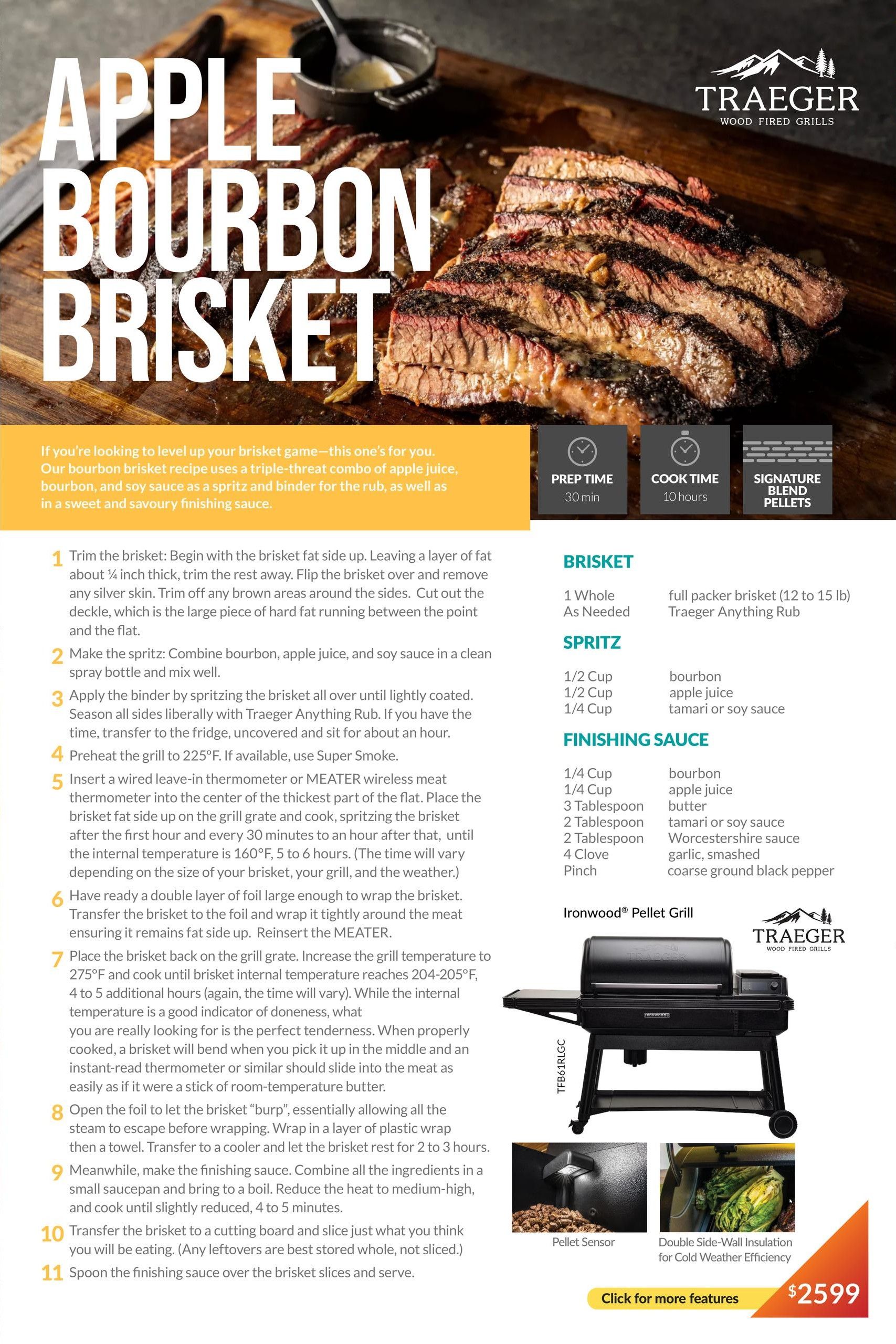 Page 4 of the Trail Appliances flyer features a recipe for Apple Bourbon Brisket, with a prep time of 30 minutes and a cook time of 10 hours. The recipe includes ingredients for the brisket, spritz, and finishing sauce, such as bourbon, apple juice, tamari or soy sauce, butter, Worcestershire sauce, garlic, and black pepper. The page also showcases the Traeger Ironwood Pellet Grill, highlighting features like a pellet sensor and double-side wall insulation for cold weather efficiency. The grill is priced at $2599.