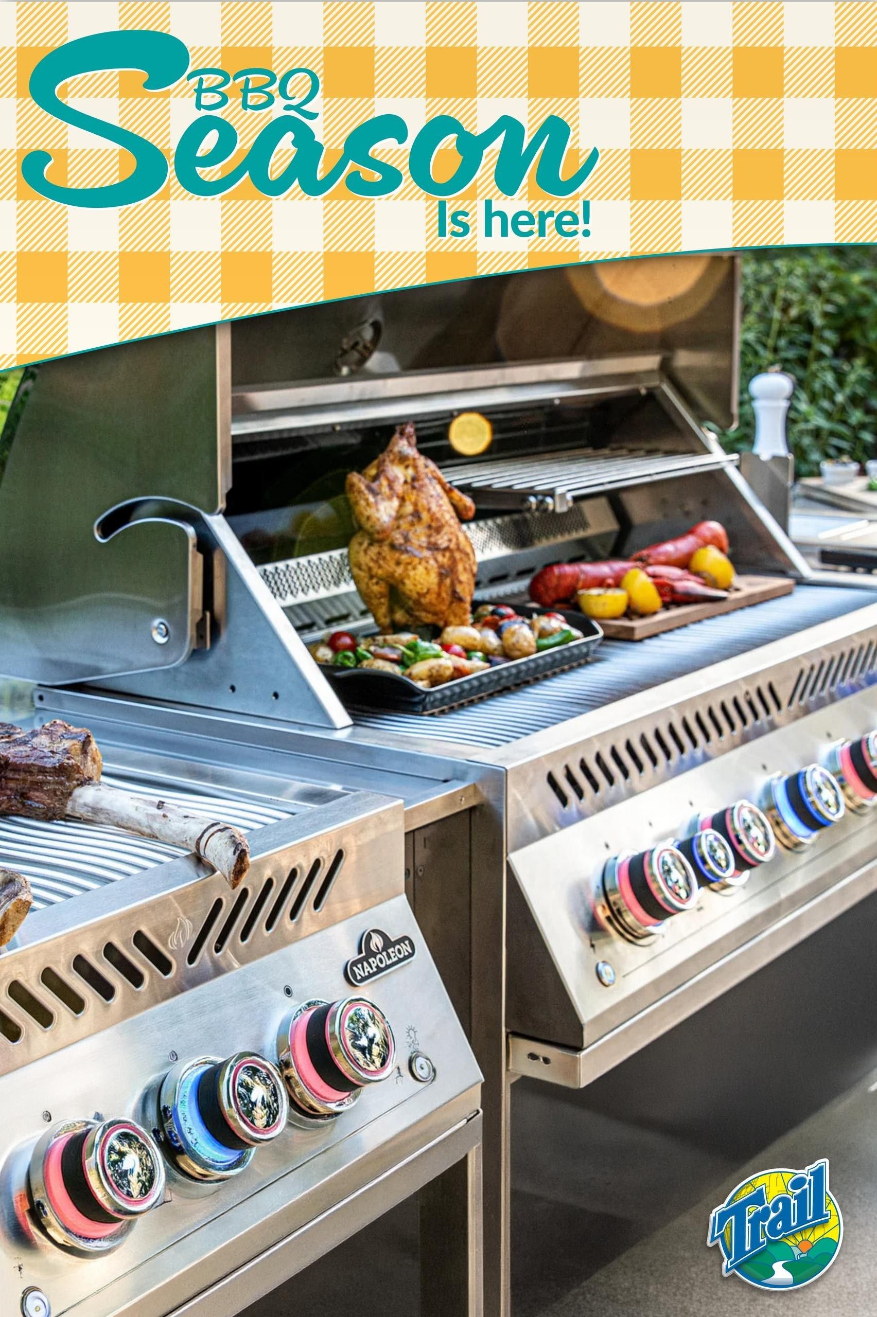 Trail Appliances flyer cover page announcing BBQ Season is here! The image features a close-up of two high-end Napoleon BBQs with food cooking, including a whole roasted chicken, vegetables, lobster, and a large steak. The Trail Appliances logo is visible in the bottom right corner.