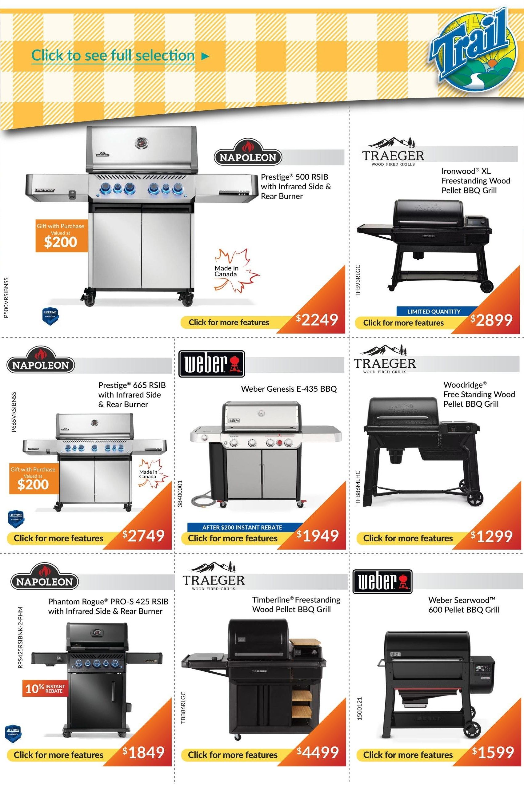 Page 5 of the Trail Appliances flyer features a selection of barbecues. Top row: Napoleon Prestige 500 RSIВ with Infrared Side & Rear Burner, includes a $200 gift with purchase, priced at $2249. Traeger Ironwood XL Freestanding Wood Pellet BBQ Grill, limited quantity, priced at $2899. Middle row: Napoleon Prestige 665 RSIВ with Infrared Side & Rear Burner, includes a $200 gift with purchase, priced at $2749. Weber Genesis E-435 BBQ, after $200 instant rebate, priced at $1949. Traeger Woodridge Free Standing Wood Pellet BBQ Grill, priced at $1299. Bottom row: Napoleon Phantom Rogue PRO-S 425 RSIВ with Infrared Side & Rear Burner, 10% instant rebate, priced at $1849. Traeger Timberline Freestanding Wood Pellet BBQ Grill, priced at $4499. Weber Searwood 600 Pellet BBQ Grill, priced at $1599. All products are Made in Canada where indicated by Napoleon, Traeger, or Weber. Many items are Made in Canada and feature lifetime warranties.