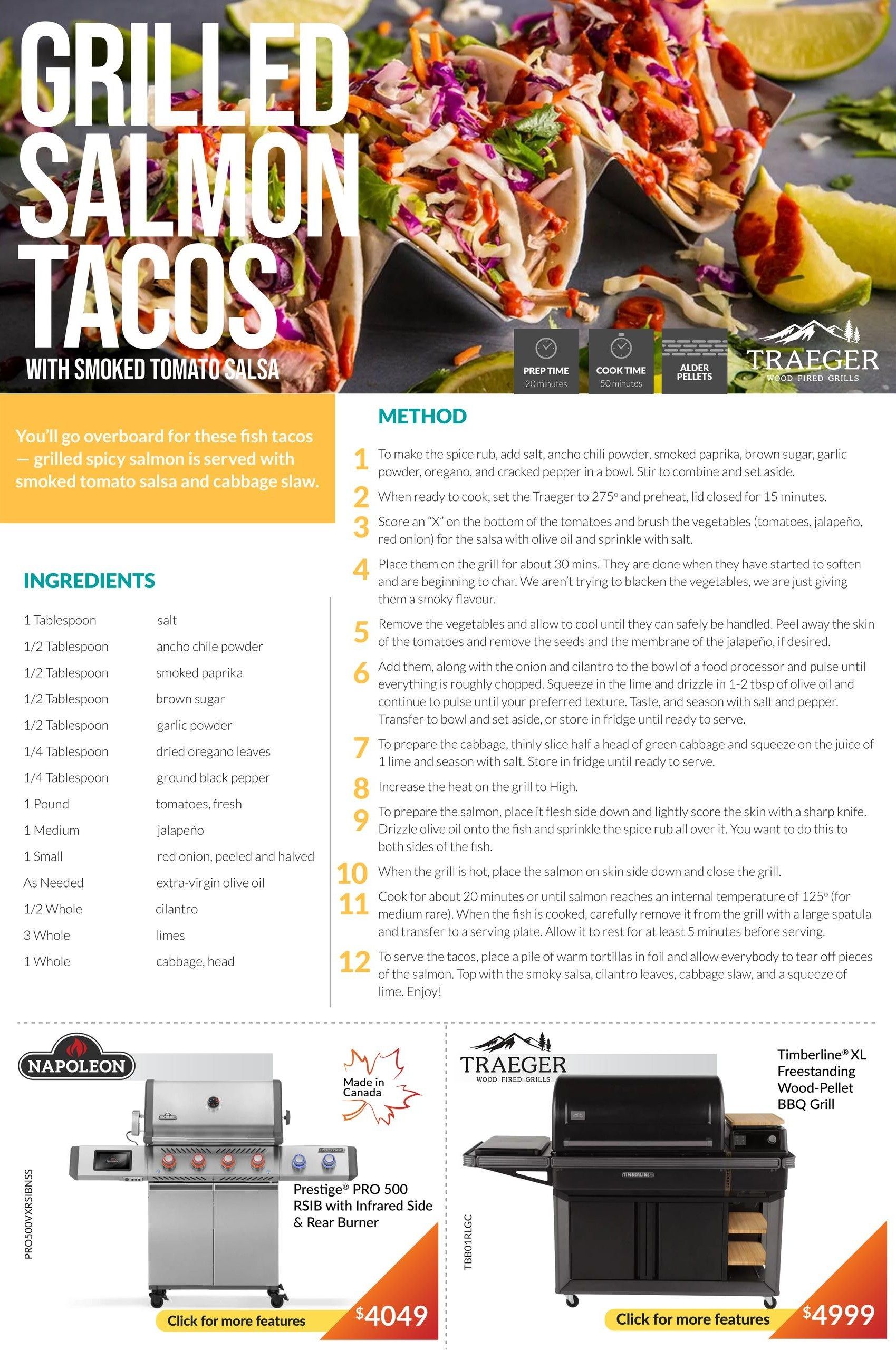 Trail Appliances Saskatchewan flyer, page 6. Features a recipe for Grilled Salmon Tacos with Smoked Tomato Salsa, including ingredients like salmon, ancho chile powder, smoked paprika, brown sugar, garlic powder, dried oregano, ground black pepper, tomatoes, jalapeño, red onion, extra-virgin olive oil, cilantro, limes, and cabbage. The page also showcases a Napoleon Prestige PRO 500 RSB with Infrared Side & Rear Burner for $4049 and a Traeger Timberline XL Freestanding Wood-Pellet BBQ Grill for $4999.