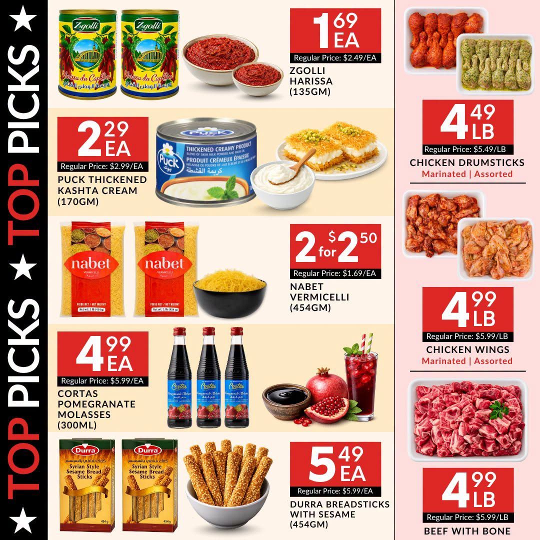 Basha Foods International weekly flyer specials, Page 2. Featured items include Zgolli Harissa (135GM) for $1.69 each, regularly $2.49. Puck Thickened Kashta Cream (170GM) is $2.29 each, regularly $2.99. Nabet Vermicelli (454GM) is 2 for $2.50, regularly $1.69 each. Cortas Pomegranate Molasses (300ML) is $4.99 each. Durra Breadsticks with Sesame (454GM) are $5.49 each. On the right side, Chicken Drumsticks Marinated | Assorted are $4.49 per pound, regularly $5.49 per pound. Chicken Wings Marinated | Assorted are $4.99 per pound, regularly $5.99 per pound. Beef with Bone is $4.99 per pound, regularly $5.99 per pound.