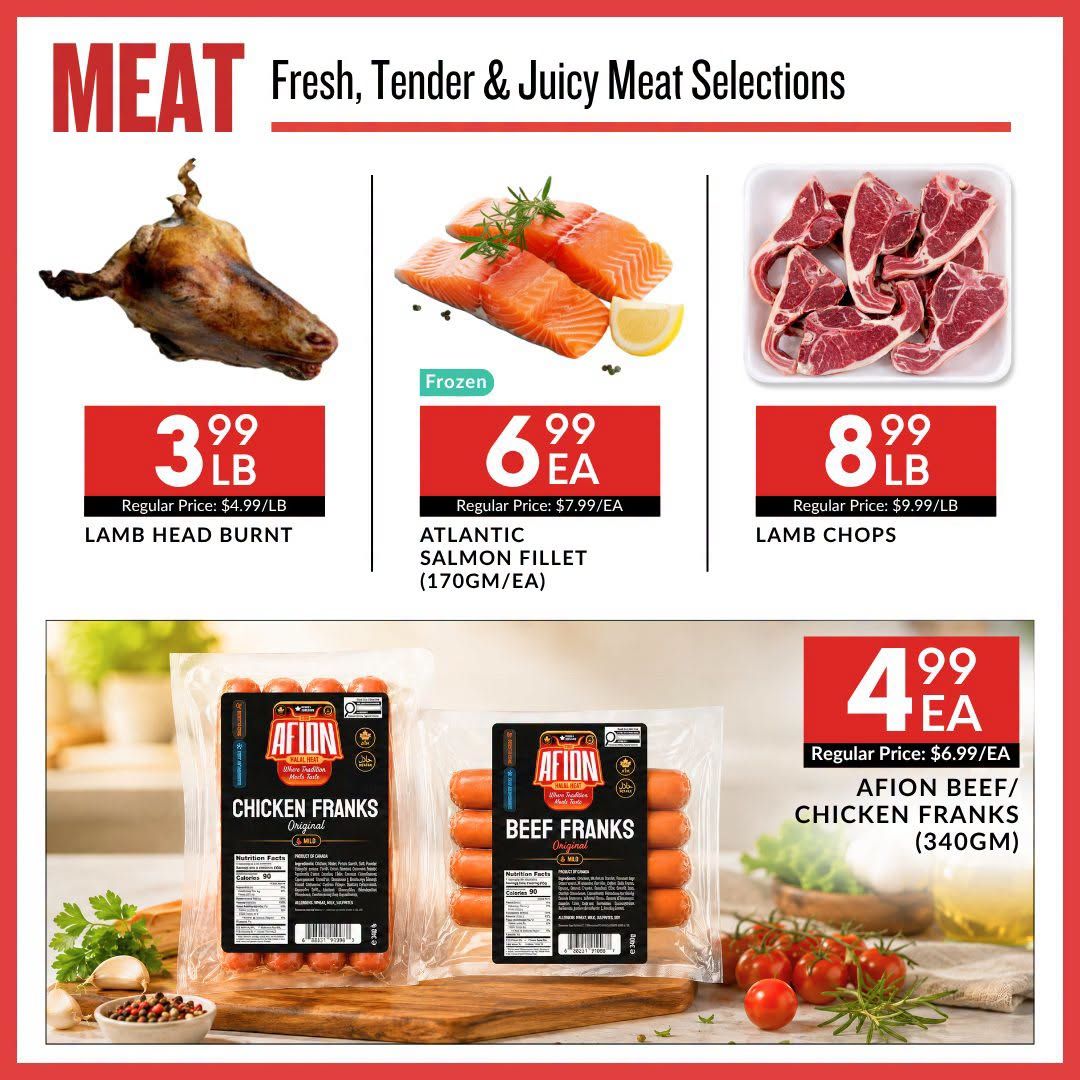 Basha Foods International weekly flyer specials page 3 features fresh, tender, and juicy meat selections. Highlighted items include Lamb Head Burnt for $3.99/LB (regular price $4.99/LB), frozen Atlantic Salmon Fillet (170GM/EA) for $6.99/EA (regular price $7.99/EA), and Lamb Chops for $8.99/LB (regular price $9.99/LB). Also featured are Afion Beef/Chicken Franks (340GM) for $4.99/EA (regular price $6.99/EA).