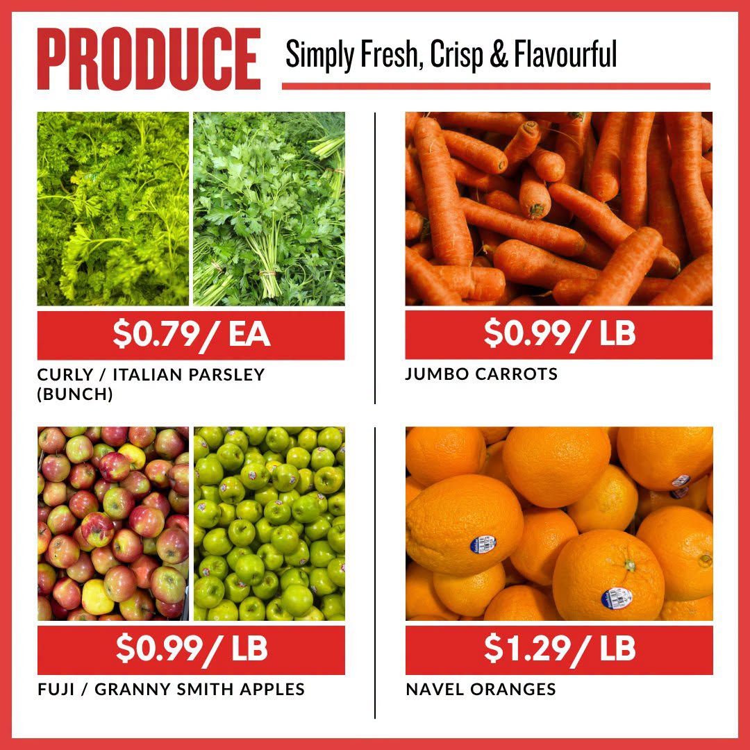 Basha Foods International Produce section featuring fresh, crisp, and flavourful items. Offers include Curly or Italian Parsley bunches for $0.79 each, Jumbo Carrots for $0.99 per pound, Fuji or Granny Smith Apples for $0.99 per pound, and Navel Oranges for $1.29 per pound.