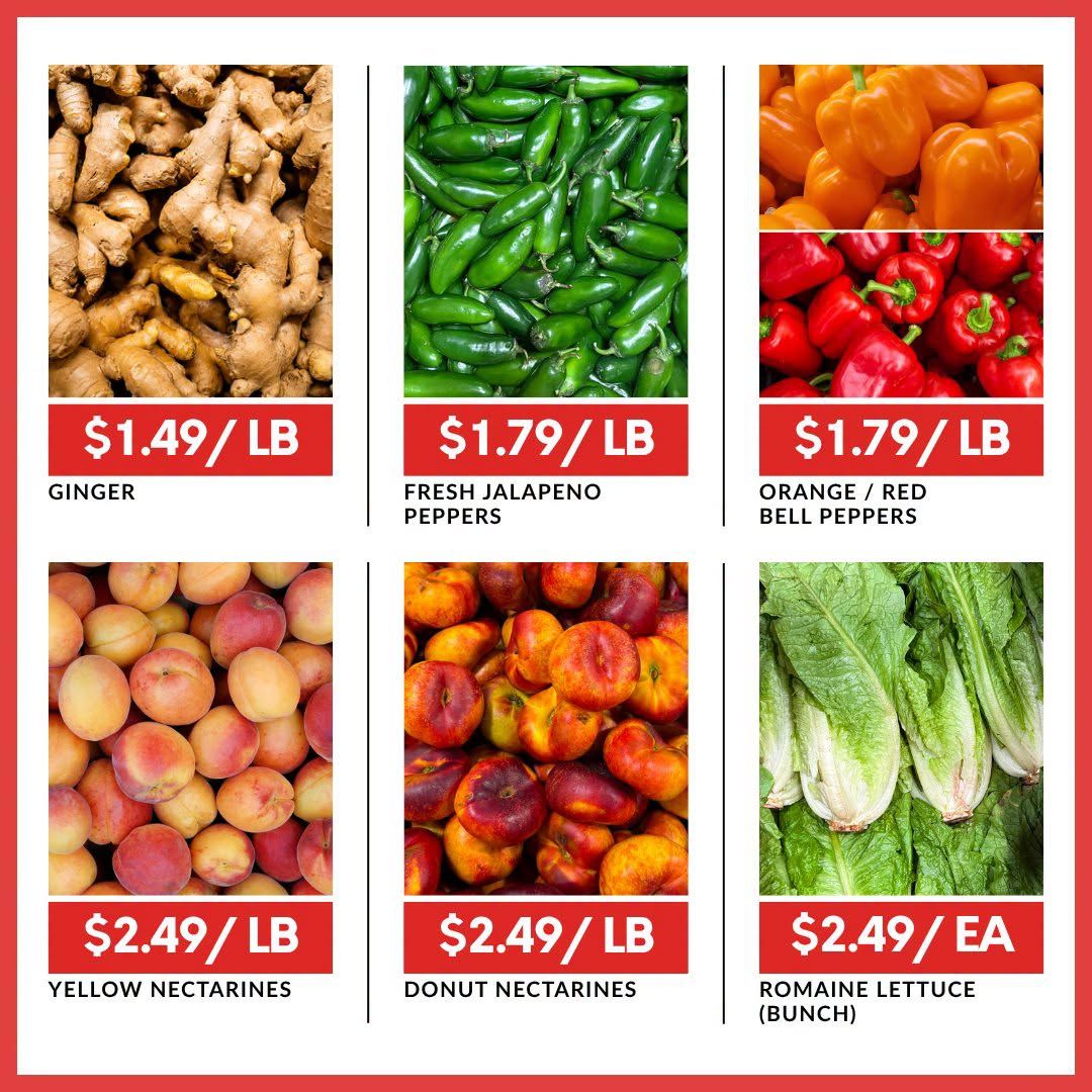 Basha Foods International weekly flyer specials page 6 features fresh produce. Ginger is priced at $1.49 per pound. Fresh jalapeno peppers are $1.79 per pound. Orange and red bell peppers are also $1.79 per pound. Yellow nectarines are $2.49 per pound. Donut nectarines are $2.49 per pound. A bunch of romaine lettuce is available for $2.49 each.