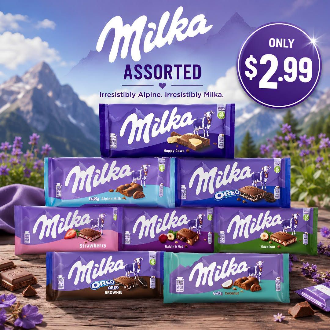 Basha Foods International weekly flyer specials page 9 features an assortment of Milka chocolate bars. The main offer highlights 'ONLY $2.99' for any Milka chocolate bar. Available flavours include Milka Happy Cows, Milka Bubbly Alpine Milk, Milka Oreo, Milka Strawberry, Milka Raisin & Nut, Milka Hazelnut, Milka Oreo Brownie, and Milka Bubbly Coconut. The text 'Irresistibly Alpine. Irresistibly Milka.' is also displayed.