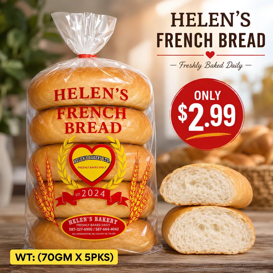Basha Foods International weekly flyer specials page 10 features Helen's French Bread, freshly baked daily. A package of five 70g loaves is available for only $2.99. The bread is from Helen's Bakery Ltd., established in 2024, located at 520 Morganite Rd NE, Calgary AB, T2A 2P2, with phone numbers 587-327-6900 and 587-664-4042.