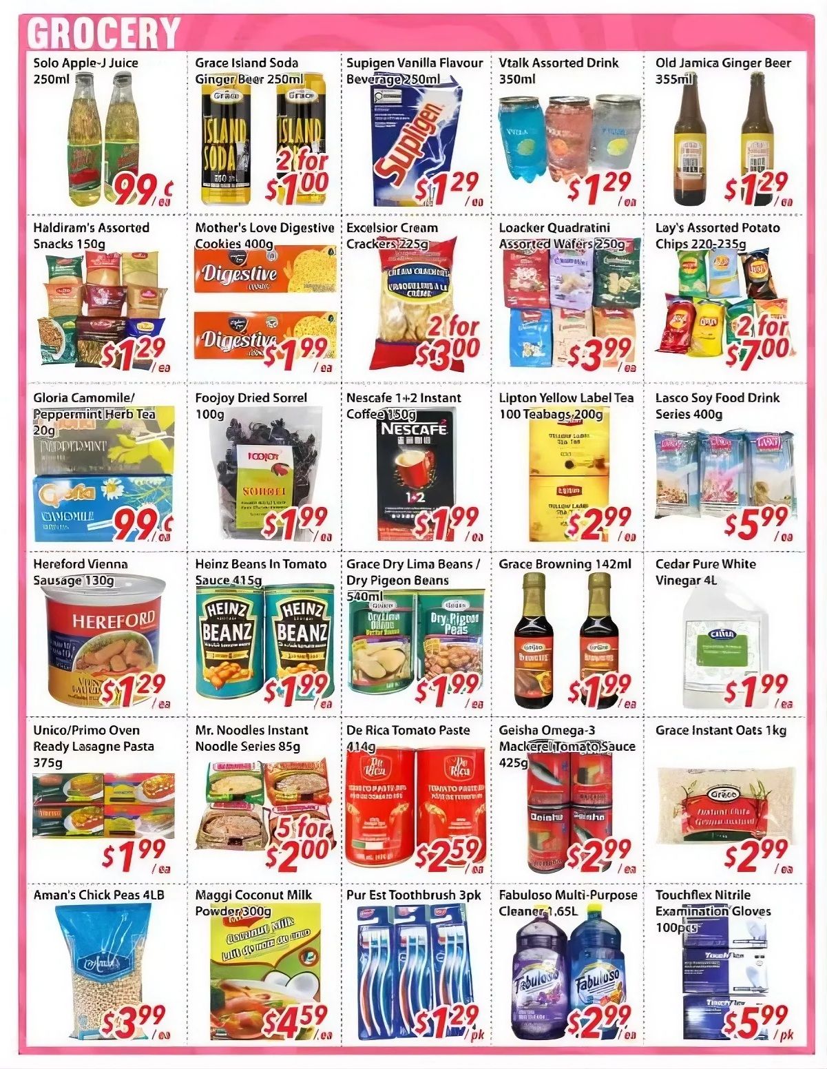 Bestco Food Mart weekly flyer specials page 3 features a variety of grocery items. Highlights include Solo Apple-J Juice 250ml for $0.99, Grace Island Soda Ginger Beer 250ml at 2 for $1.00, and Supigen Vanilla Flavour Beverage 250ml for $1.29. Vtalk Assorted Drink 350ml is $1.29, and Old Jamaica Ginger Beer 355ml is $1.29. Haldiram's Assorted Snacks 150g are $1.29, Mother's Love Digestive Cookies 400g are $1.99, and Excelsior Cream Crackers 225g are 2 for $3.00. Loacker Quadratini Assorted Wafers 250g are $3.99, and Lay's Assorted Potato Chips 220-235g are 2 for $7.00. Gloria Camomile/Peppermint Herb Tea 20g is $0.99, Foojoy Dried Sorrel 100g is $1.99, and Nescafe 1+2 Instant Coffee 150g is $1.99. Lipton Yellow Label Tea 100 Teabags, 200g is $2.99, and Lasco Soy Food Drink Series 400g is $5.99. Hereford Vienna Sausage 130g is $1.29, Heinz Beans in Tomato Sauce 415g is $1.99, Grace Dry Lima Beans / Dry Pigeon Beans 540ml are $1.99, Grace Browning 142ml is $1.99, and Cedar Pure White Vinegar 4L is $1.99. Unico/Primo Oven Ready Lasagne Pasta 375g is $1.99, Mr. Noodles Instant Noodle Series 85g is 5 for $2.00, De Rica Tomato Paste 414g is $2.59, Geisha Omega-3 Mackerel Tomato Sauce 425g is $2.99, and Grace Instant Oats 1kg is $2.99. Aman's Chick Peas 4LB are $3.99, Maggi Coconut Milk Powder 300g is $4.59, Pur Est Toothbrush 3pk is $1.29 pk, and Fabuloso Multi-Purpose Cleaner 1.65L is $2.99. Touchflex Nitrile Examination Gloves 100pcs are $5.99 pk.