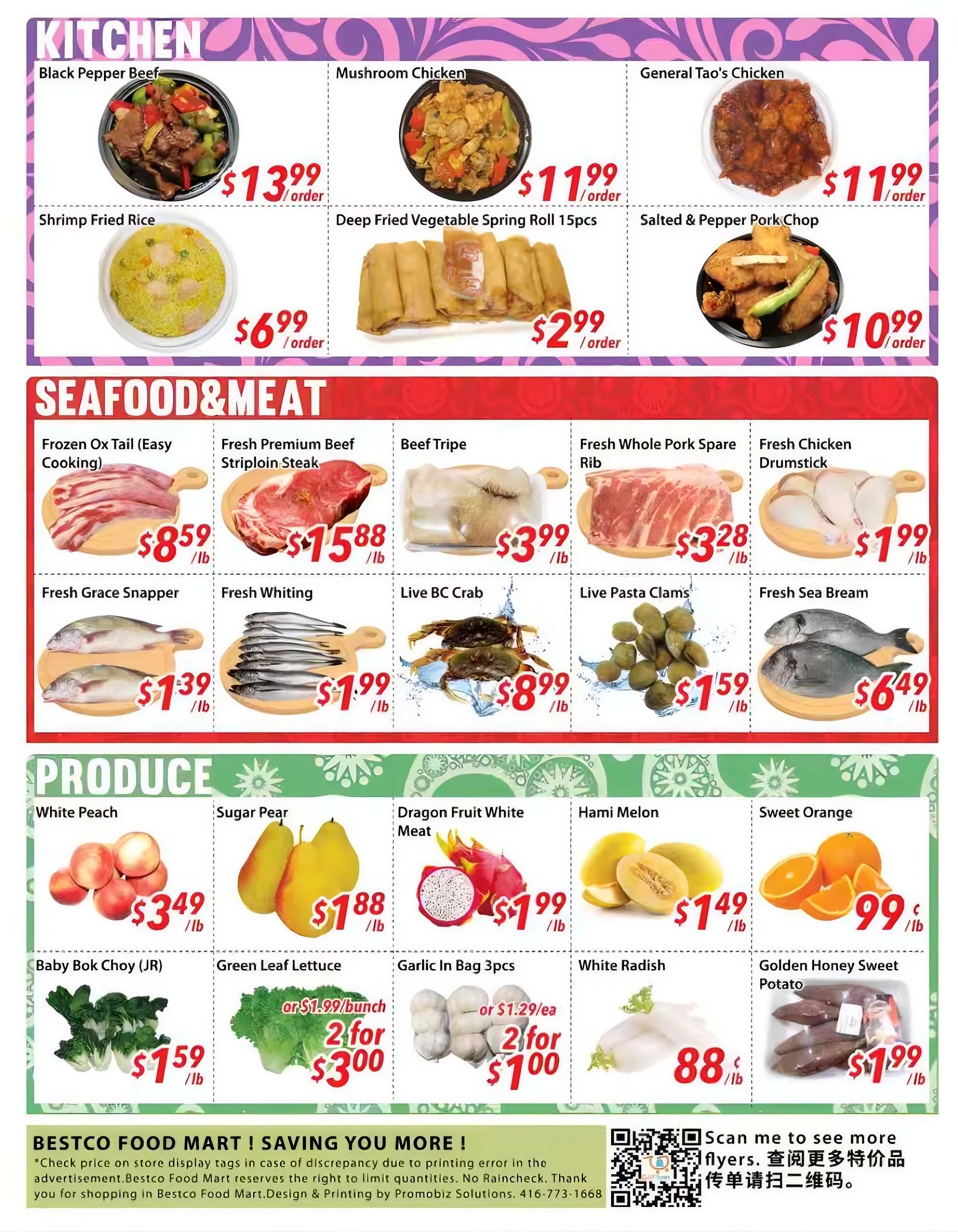 Bestco Food Mart weekly flyer specials, page 4. Kitchen section features Black Pepper Beef for $13.99/lb, Mushroom Chicken for $11.99/order, General Tao's Chicken for $11.99/order, Shrimp Fried Rice for $6.99/order, Deep Fried Vegetable Spring Roll 15pcs for $2.99/order, and Salted & Pepper Pork Chop for $10.99/lb. Seafood & Meat section includes Frozen Ox Tail (Easy Cooking) for $8.59/lb, Fresh Premium Beef Striploin Steak for $15.88/lb, Beef Tripe for $3.99/lb, Fresh Whole Pork Spare Rib for $3.28/lb, Fresh Chicken Drumstick for $1.99/lb, Fresh Grace Snapper for $1.39/lb, Fresh Whiting for $1.99/lb, Live BC Crab for $8.99/lb, Live Pasta Clams for $1.59/lb, and Fresh Sea Bream for $6.49/lb. Produce section offers White Peach for $3.49/lb, Sugar Pear for $1.88/lb, Dragon Fruit White Meat for $1.99/lb, Hami Melon for $1.49/lb, Sweet Orange for $0.99/lb, Baby Bok Choy (JR) for $1.59/lb, Green Leaf Lettuce 2 for $3.00 (or $1.99/bunch), Garlic In Bag 3pcs 2 for $1.00 (or $1.29/ea), White Radish for $0.88/lb, and Golden Honey Sweet Potato for $1.99/lb.