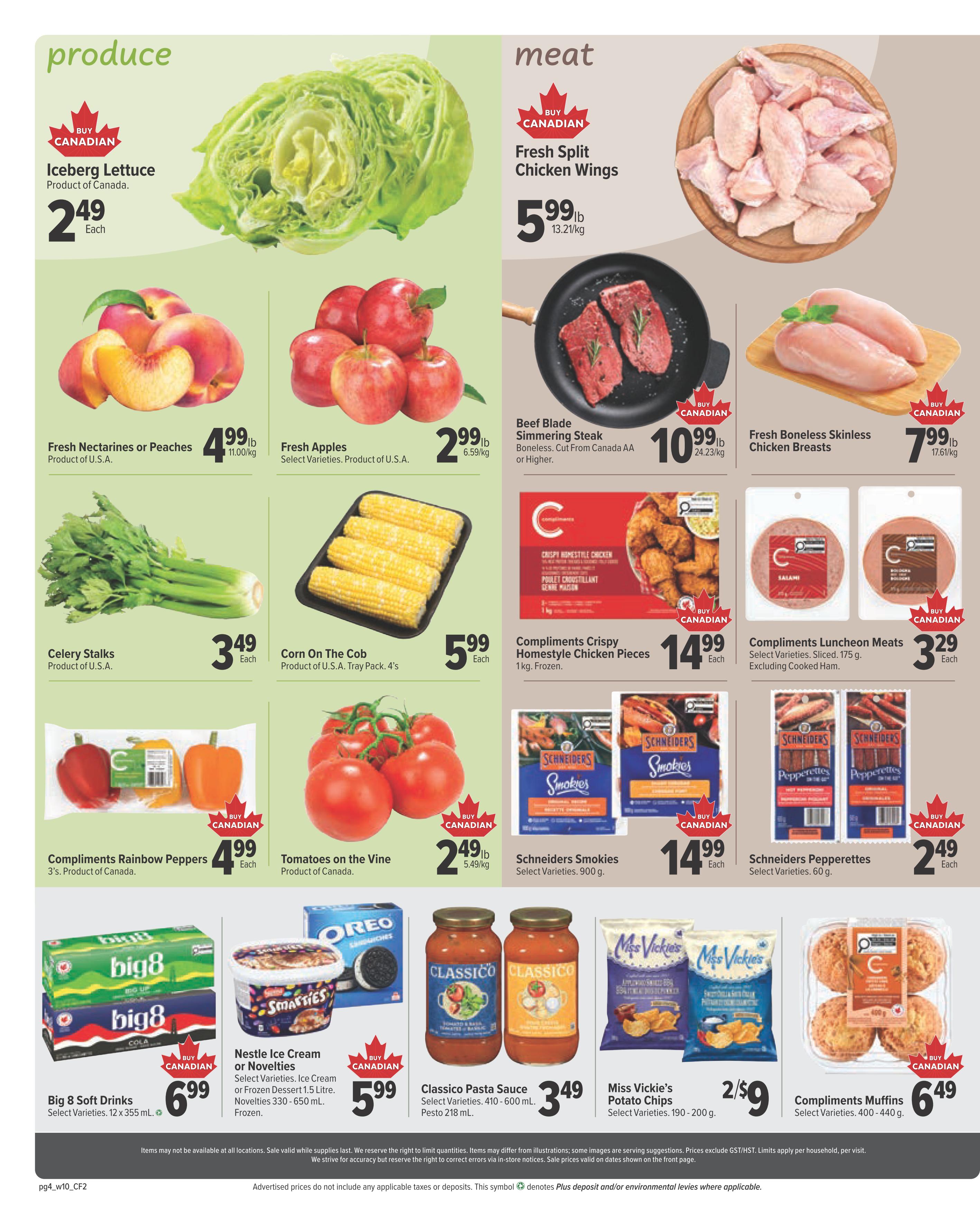 Bidgood's weekly flyer specials page 4 features produce and meat. Produce includes Iceberg Lettuce for $2.49 each, Fresh Nectarines or Peaches for $4.99 lb, Fresh Apples for $2.99 lb, Celery Stalks for $3.49 each, Corn On The Cob (Tray Pack of 4) for $5.99 each, and Compliments Rainbow Peppers (3's) for $4.99 each. Tomatoes on the Vine are $2.49 lb. Meat selections include Fresh Split Chicken Wings for $5.99 lb, Beef Blade Simmering Steak for $10.99 lb, Fresh Boneless Skinless Chicken Breasts for $7.99 lb. Also featured are Compliments Crispy Homestyle Chicken Pieces (1 kg, frozen) for $14.99 each, Compliments Luncheon Meats (Sliced, 175 g, excluding cooked ham) for $3.29 each. Other grocery items include Big 8 Soft Drinks (12 x 355 mL) for $6.99, Nestle Ice Cream or Novelties (Ice Cream or Frozen Dessert 1.5 Litre, Novelties 330-650 mL, frozen) for $5.99, Classico Pasta Sauce (Select Varieties, 410-600 mL) for $3.49, Miss Vickie's Potato Chips (Select Varieties, 190-200 g) for 2 for $9, and Compliments Muffins (Select Varieties, 400-440 g) for $6.49.