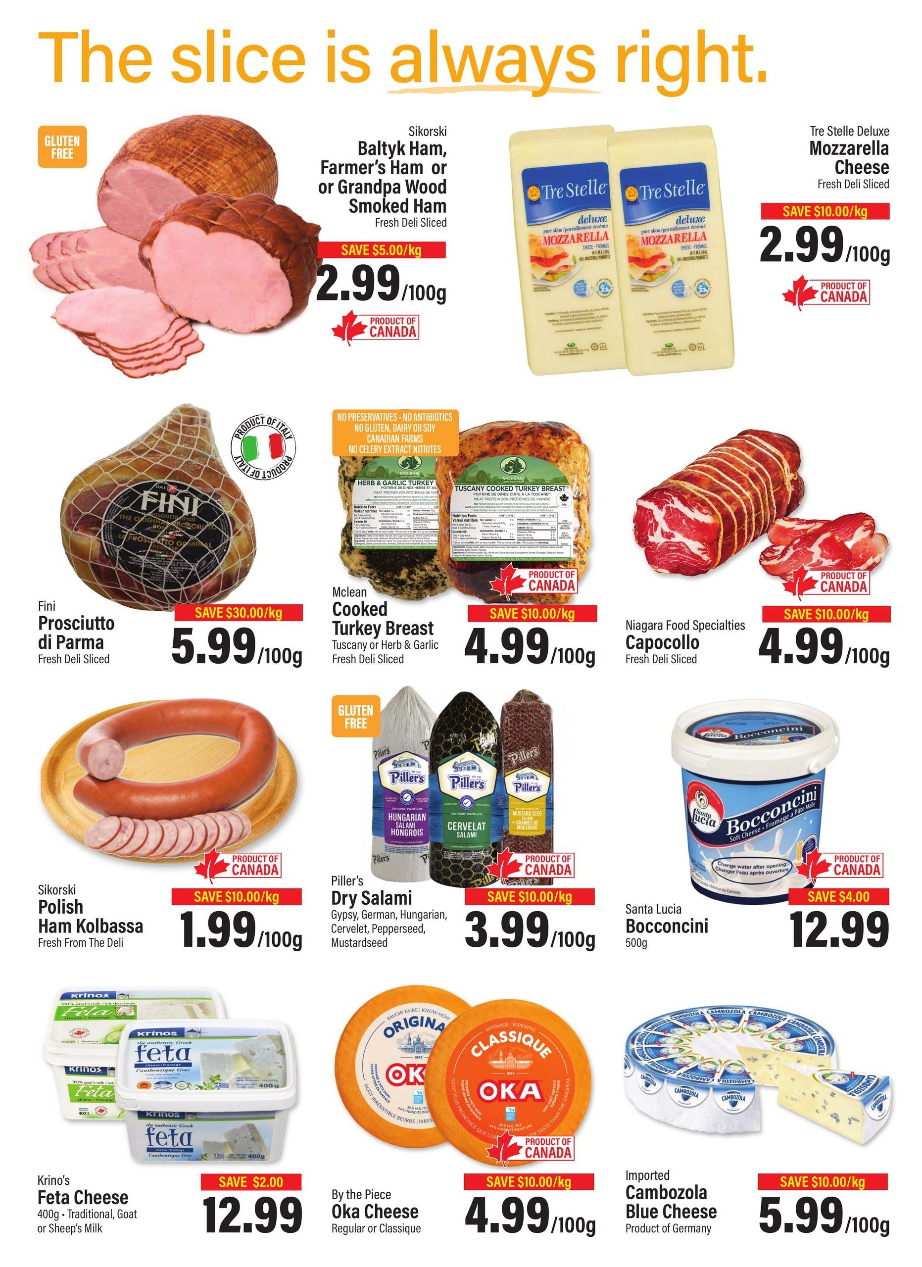 Commisso's Fresh Foods weekly flyer specials page 5 features a variety of deli meats and cheeses. Top row includes Sikorski Baltyk Ham, Farmer's Ham or Grandpa Wood Smoked Ham for $2.99/100g, save $5.00/kg. Tre Stelle Deluxe Mozzarella Cheese is $2.99/100g, save $10.00/kg. Fini Prosciutto di Parma is $5.99/100g, save $30.00/kg. Mclean Cooked Turkey Breast (Tuscany or Herb & Garlic) is $4.99/100g, save $10.00/kg. Niagara Food Specialties Capocollo is $4.99/100g, save $10.00/kg. Middle row features Sikorski Polish Ham Kolbassa for $1.99/100g, save $10.00/kg. Piller's Dry Salami (Gypsy, Hungarian, Cervelet, Pepperseed, Mustardseed) is $3.99/100g, save $10.00/kg. Santa Lucia Bocconcini 500g is $12.99, save $4.00. Bottom row includes Krino's Feta Cheese (Traditional, Goat or Sheep's Milk) 400g for $12.99, save $2.00. By the Piece Oka Cheese (Regular or Classique) is $4.99/100g, save $10.00/kg. Imported Cambozola Blue Cheese is $5.99/100g, save $10.00/kg. All featured products are proudly Canadian unless otherwise specified.