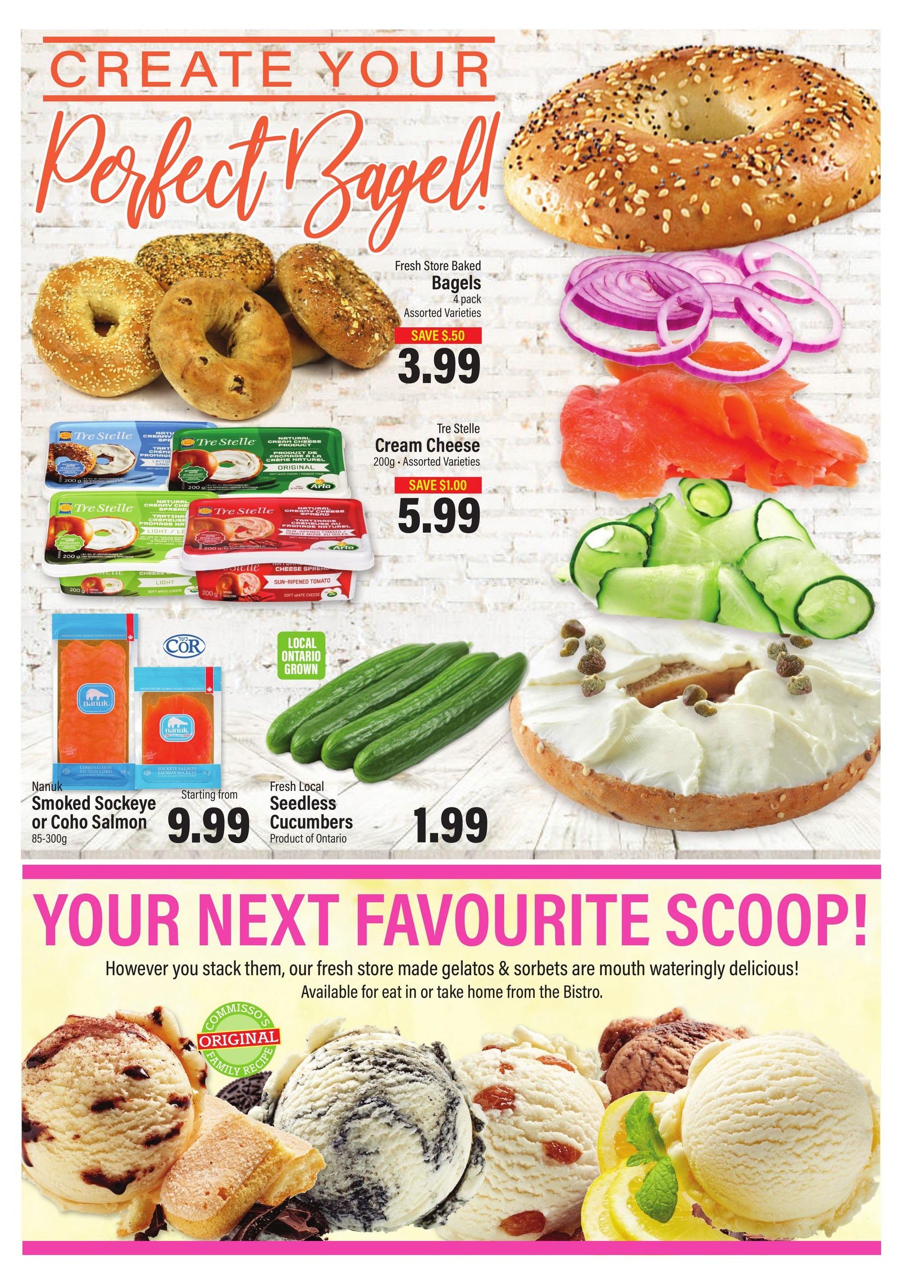 Commisso's Fresh Foods weekly flyer specials page 8 features 'Create Your Perfect Bagel' with store-baked bagels 4 pack for $3.99, save $0.50. Tre Stelle Cream Cheese 200g assorted varieties are $5.99, save $1.00. Also featured are Nanuk Smoked Sockeye or Coho Salmon 85-300g starting from $9.99, and Fresh Local Seedless Cucumbers for $1.99. The bottom section highlights 'Your Next Favourite Scoop' with store-made gelato and sorbets available for eat-in or take home from the Bistro.