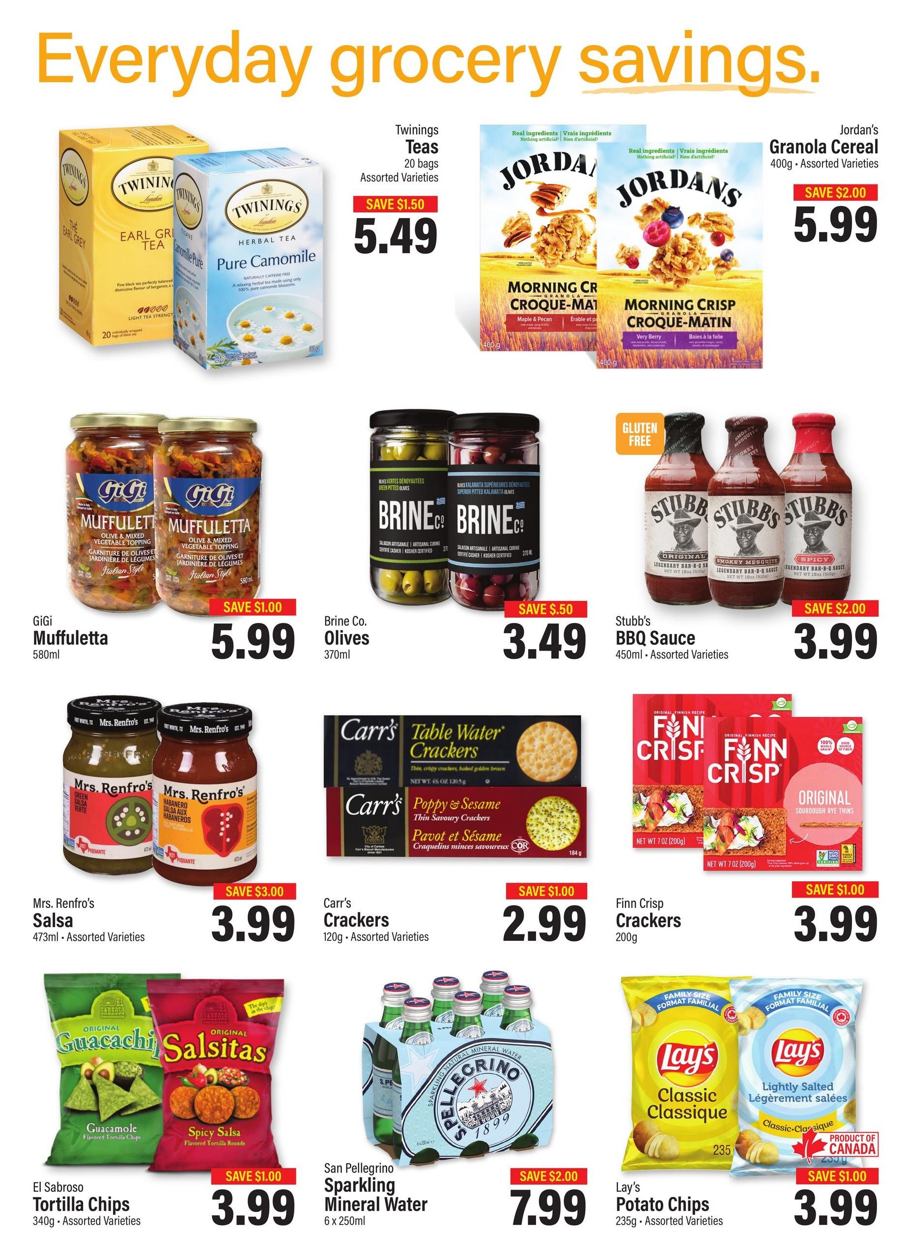 Commisso's Fresh Foods weekly flyer specials page 9 features everyday grocery savings. Promotions include Twinings Teas (20 bags, assorted varieties) for $5.49, saving $1.50. Jordan's Granola Cereal (400g, assorted varieties) is on sale for $5.99, saving $2.00. Gigi Muffuletta (580ml) is priced at $5.99, saving $1.00. Brine Co. Olives (370ml) are available for $3.49, saving $0.50. Stubbs BBQ Sauce (450ml, assorted varieties) costs $3.99, saving $2.00. Mrs. Renfro's Salsa (473ml, assorted varieties) is $3.99, saving $3.00. Carr's Table Water Crackers (120g, assorted varieties) are $2.99, saving $1.00. Finn Crisp Crackers (200g) are $3.99, saving $1.00. El Sabroso Tortilla Chips (340g, assorted varieties) are $3.99, saving $1.00. San Pellegrino Sparkling Mineral Water (6 x 250ml) is $7.99, saving $2.00. Lay's Potato Chips (235g, assorted varieties) are $3.99, saving $1.00.