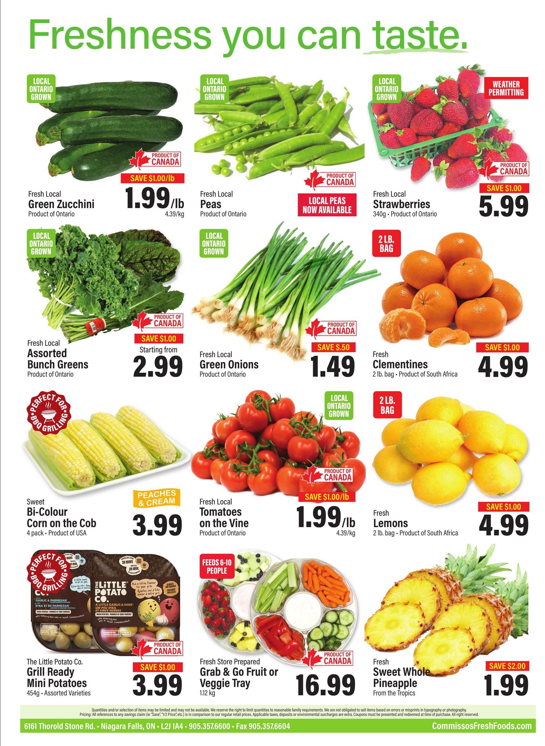 Commisso's Fresh Foods weekly flyer specials page 11 features a variety of fresh produce. Locally grown items include Fresh Local Green Zucchini for $1.99/lb, Fresh Local Peas for $1.99/lb, Fresh Local Assorted Bunch Greens starting from $2.99, Fresh Local Green Onions for $1.49, and Fresh Local Strawberries for $5.99. Also available are Fresh Clementines (2 lb bag) for $4.99, Fresh Lemons (2 lb bag) for $4.99, and Fresh Sweet Whole Pineapple from the tropics for $1.99. Featured are Sweet Bi-Colour Corn on the Cob (4 pack) for $3.99 and Fresh Local Tomatoes on the Vine for $1.99/lb. Additionally, The Little Potato Co. Grill Ready Mini Potatoes (454g, assorted varieties) are on sale for $3.99, and a Fresh Store Prepared Grab & Go Fruit or Veggie Tray (1.12 kg) is priced at $16.99.